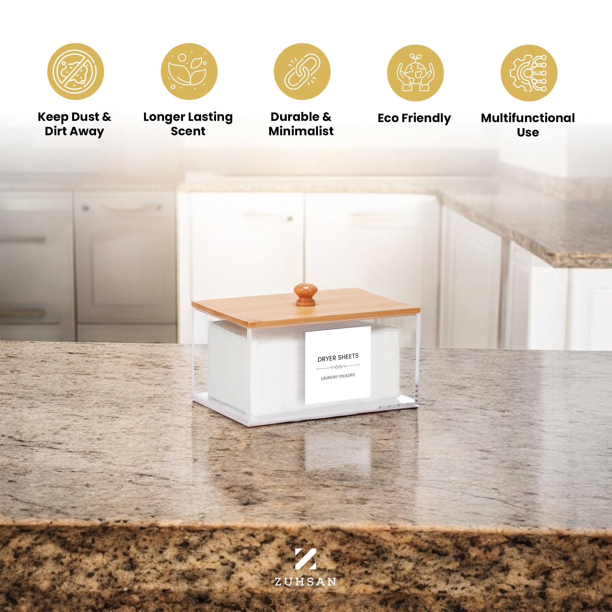 Acrylic Dryer Sheet Holder & Dispenser with 10 Bonus Labels - Laundry Room Storage Organizer for Sheets, Balls, Clothes Pins & Pods - Perfect for Organized Laundry Spaces & Closet Storage