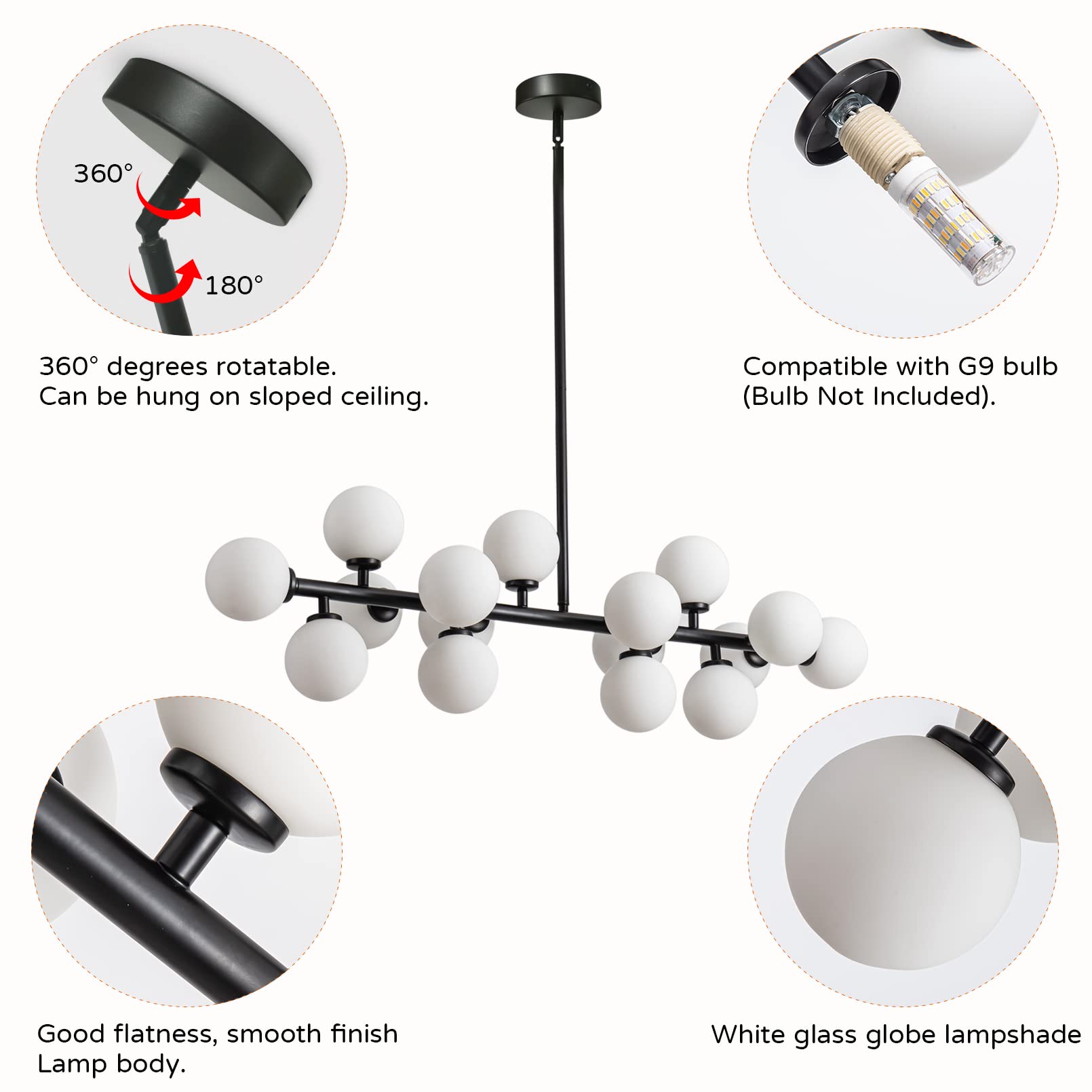 Mid Century Modern 16-Light Black Linear Chandelier - Elegant Pendant Lighting Fixture for Dining Room & Kitchen | Perfect for Contemporary Home Decor & Open Concept Spaces