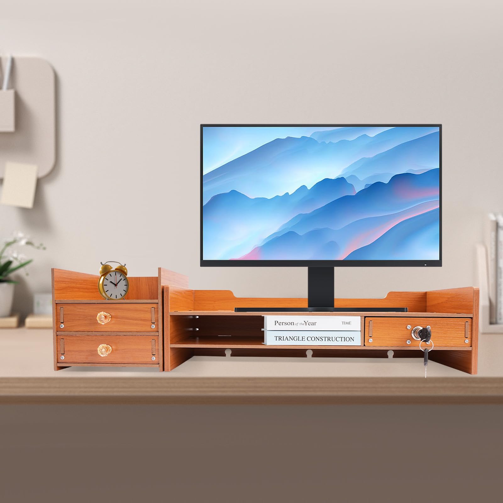 Adjustable Wood Monitor Stand Riser with Storage Drawer - Desktop Organizer for Computer, Laptop, Printer & Phone - Perfect for Home Office & Workspace Organization