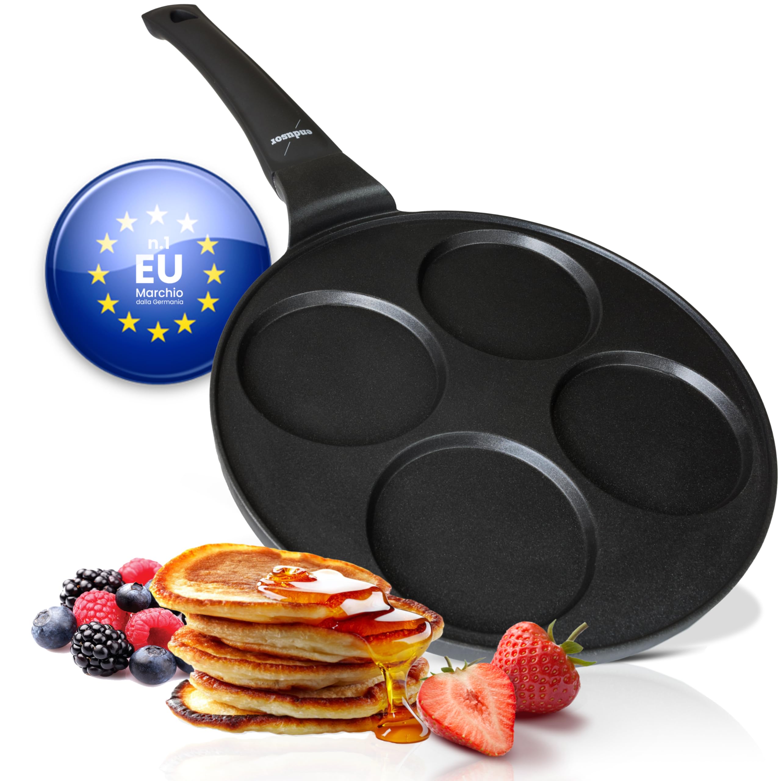 Endusor Non-Stick Induction Pancake Pan - 26cm Diameter for Gas, Ceramic, Electric & Halogen Stoves | 4-Mold Plate for Pancakes, Fried Eggs, Omelets & Poffertjes | Perfect for Breakfast, Brunch & Family Cooking