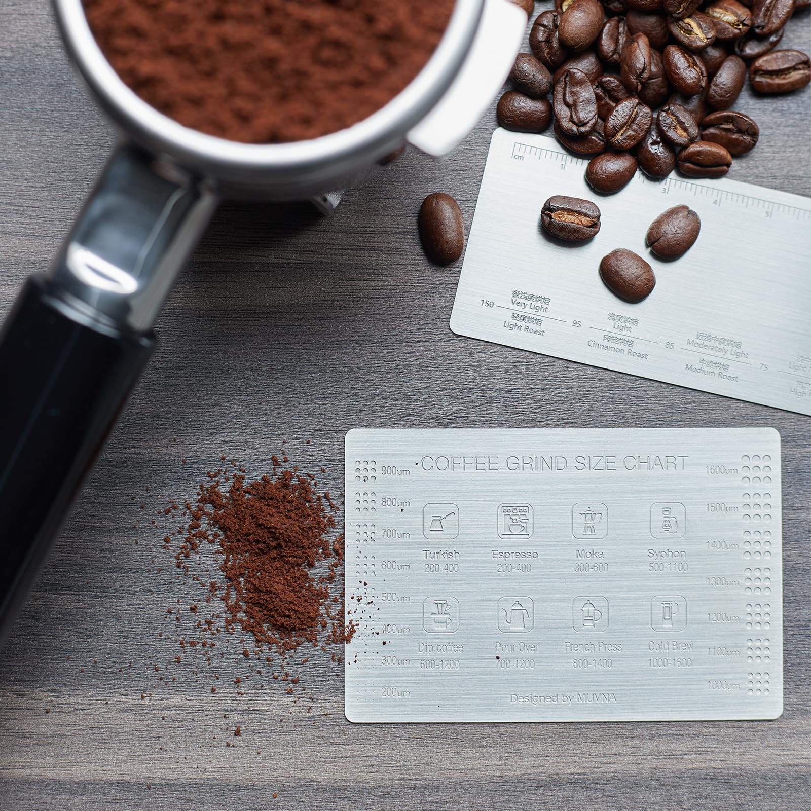 Premium Stainless Steel Coffee Grind Measure Tool & Size Chart - Barista Reference Card for Perfect Espresso, French Press & Drip Coffee - Essential Coffee Accessory for Home & Professional Use
