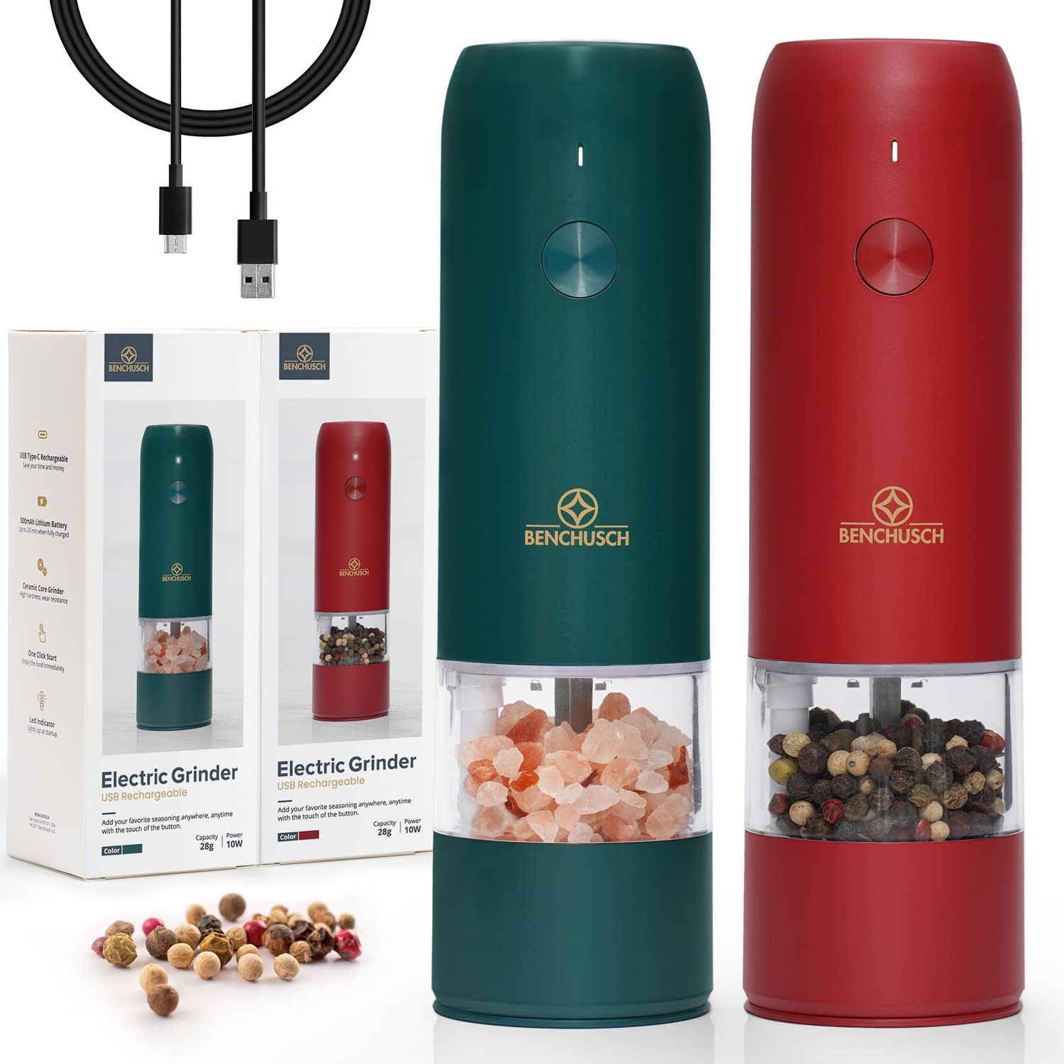 USB Rechargeable Electric Salt and Pepper Grinder Set - Adjustable Ceramic Mill with LED Light for Black Peppercorn & Sea Salt (Green & Red) - Perfect for Kitchen, Dining Table & Outdoor Cooking