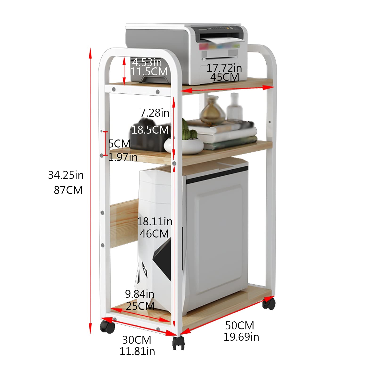 GRFIT 3-Tier Wooden CPU Stand with Rolling Wheels - PC Cart Holder, Desktop & Floor Computer Case Rack (White) - Perfect for Office, Gaming Setup & Server Room Organization