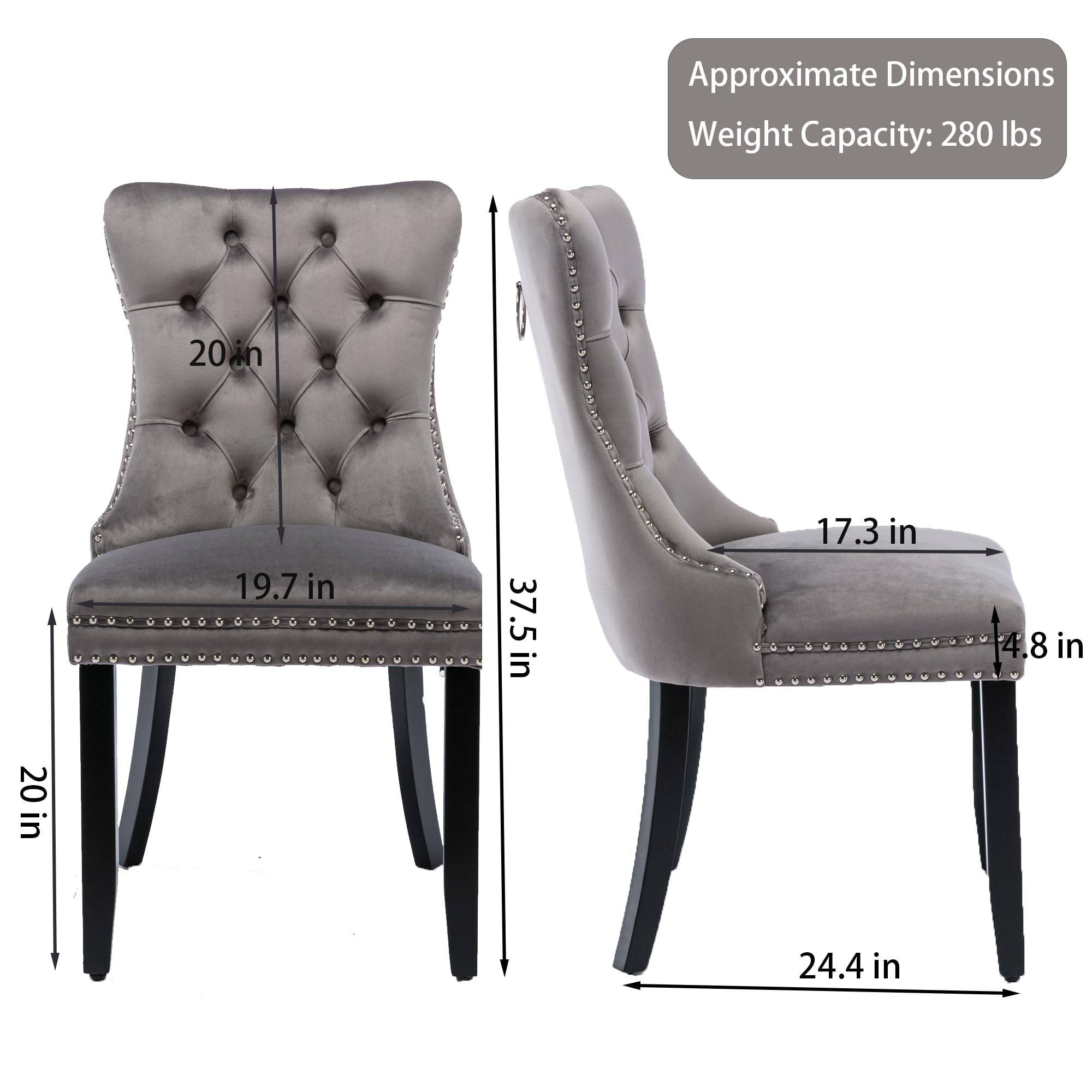 Rhomtree Set of 2 Velvet Dining Chairs - Luxury Tufted Back with Nailhead Trim & Ring Pull, Solid Rubberwood Legs (Grey/Black) for Kitchen, Dining Room & Home Decor