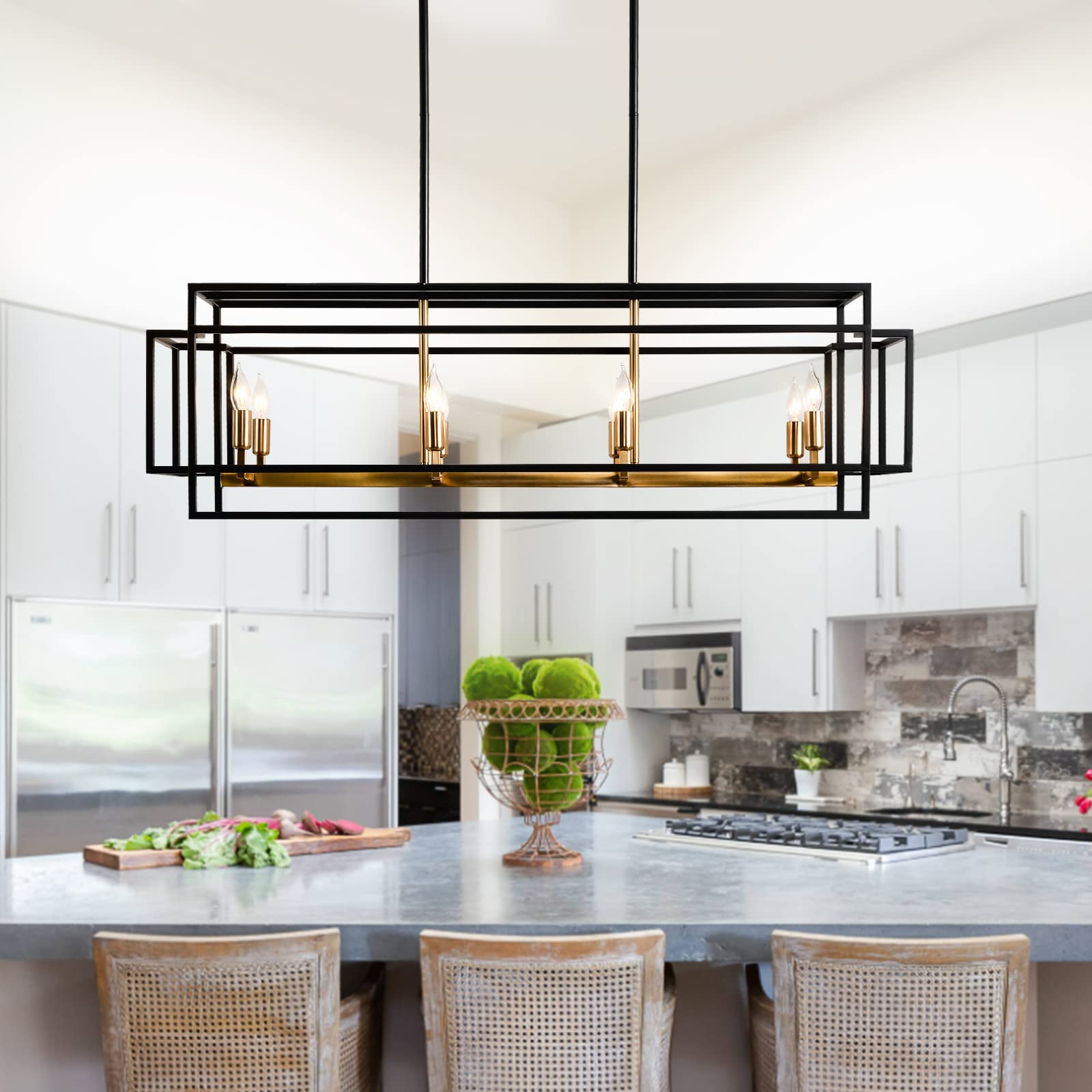 8-Light Black and Gold Rectangle Chandelier - Modern Farmhouse Kitchen Island Lighting with Brushed Brass Sockets - Perfect for Dining Room, Breakfast Nook, and Over Table Lighting
