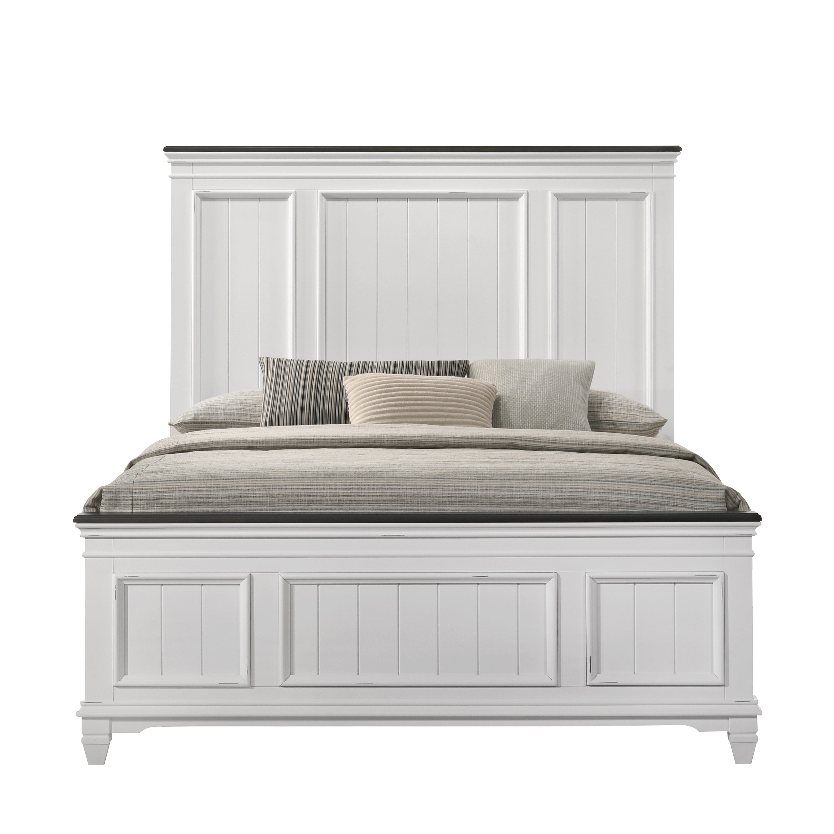 Clelane Shiplap Wood Panel Bed - Weathered White & Walnut Finish - Rustic Farmhouse Style Bed Frame for Master Bedroom, Guest Room or Vacation Home
