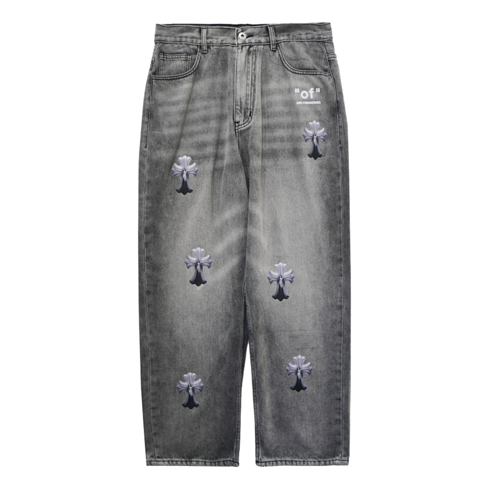 Original Frederiqo M Chrome Heart Jeans - Grey Distressed Denim Pants for Men | Trendy Streetwear & Casual Outfit | Perfect for Parties, Concerts and Urban Fashion