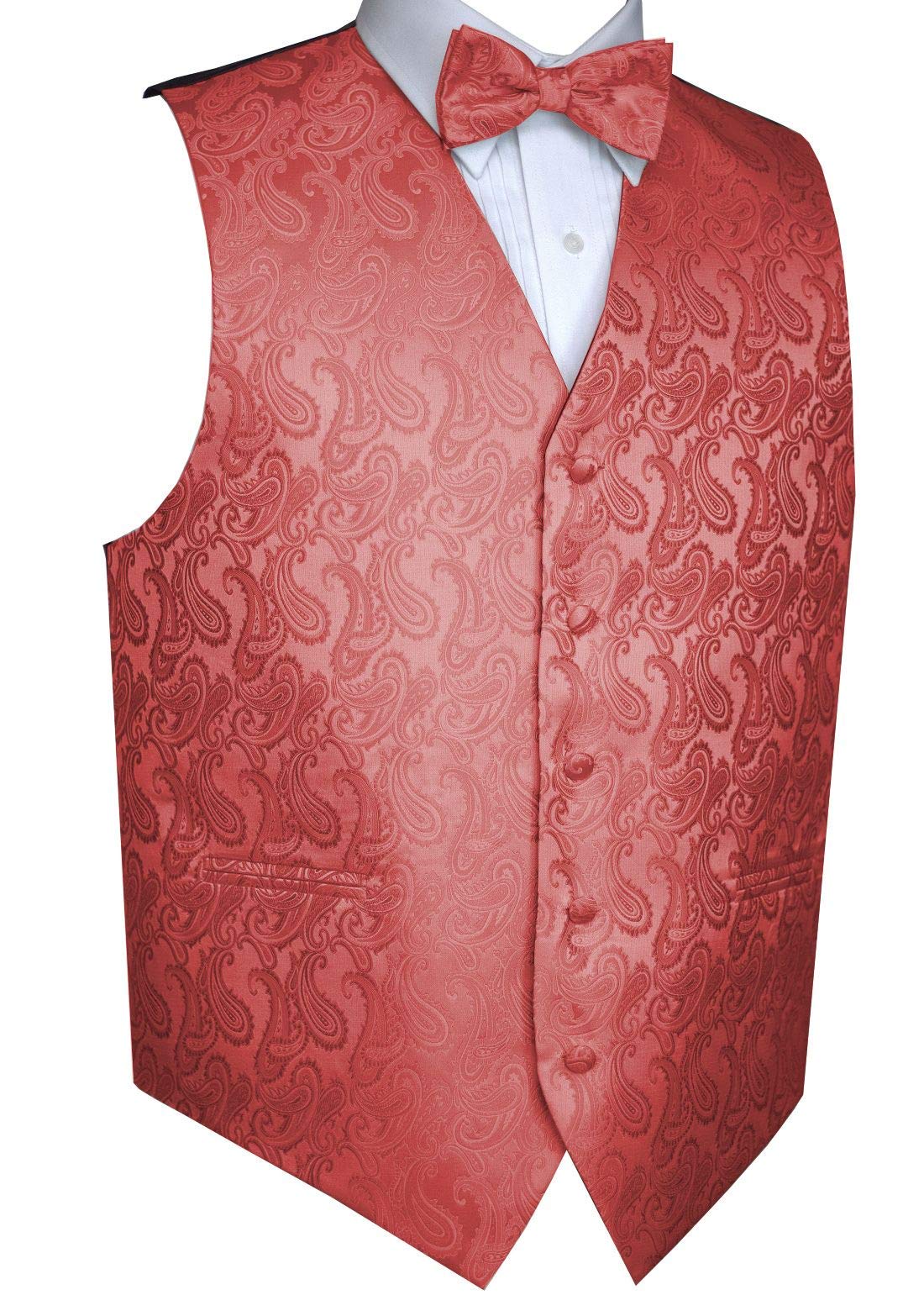 Men's Formal Tuxedo Vest & Bow Tie Set - Coral Paisley Pattern for Weddings, Prom & Black Tie Events | Elegant Wedding Attire & Groom Accessories