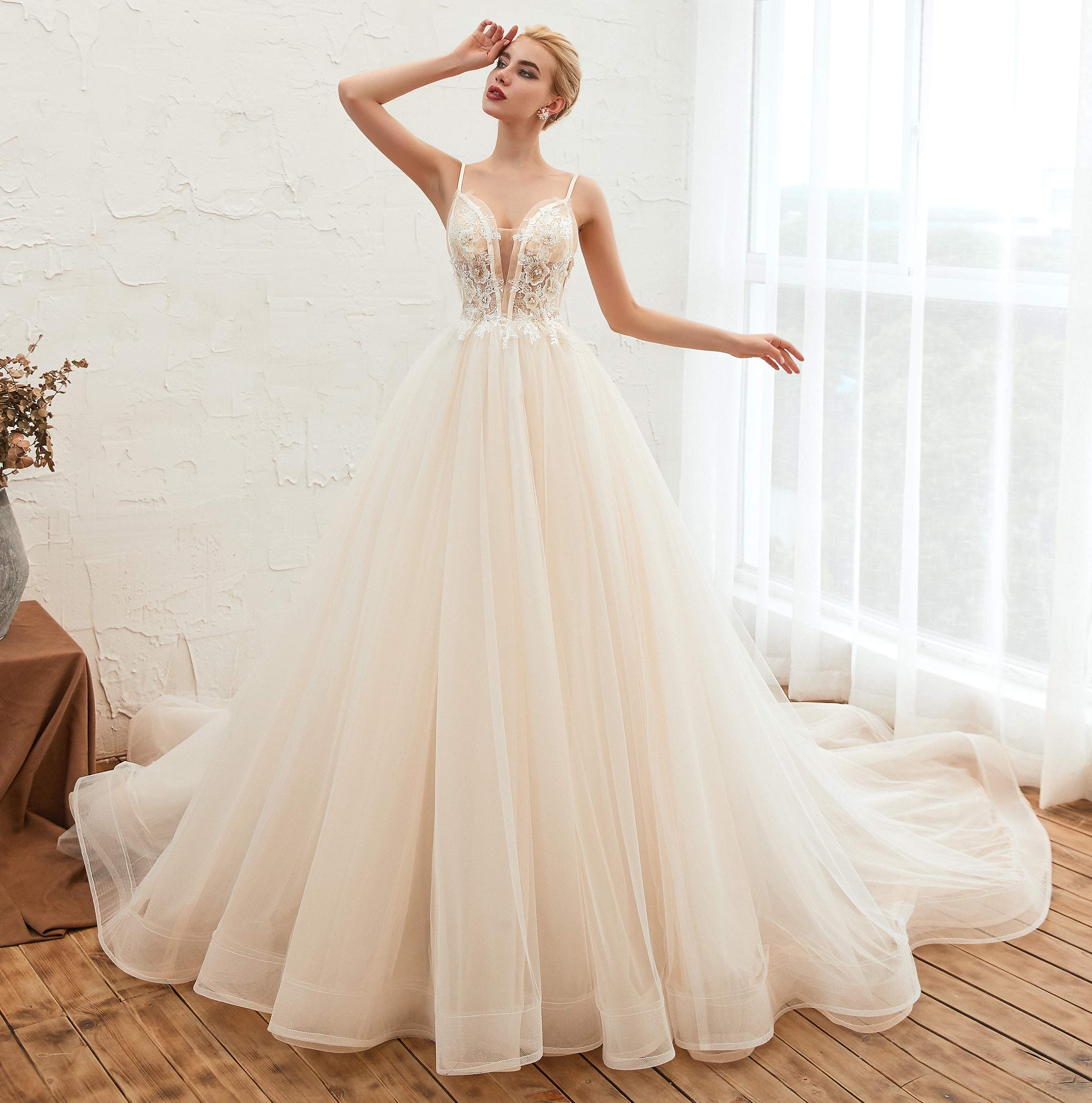 Elegant Women's Spaghetti Straps Beaded Applique Tulle Beach Wedding Dress - Perfect for Beach Ceremonies, Destination Weddings & Summer Bridal Gowns