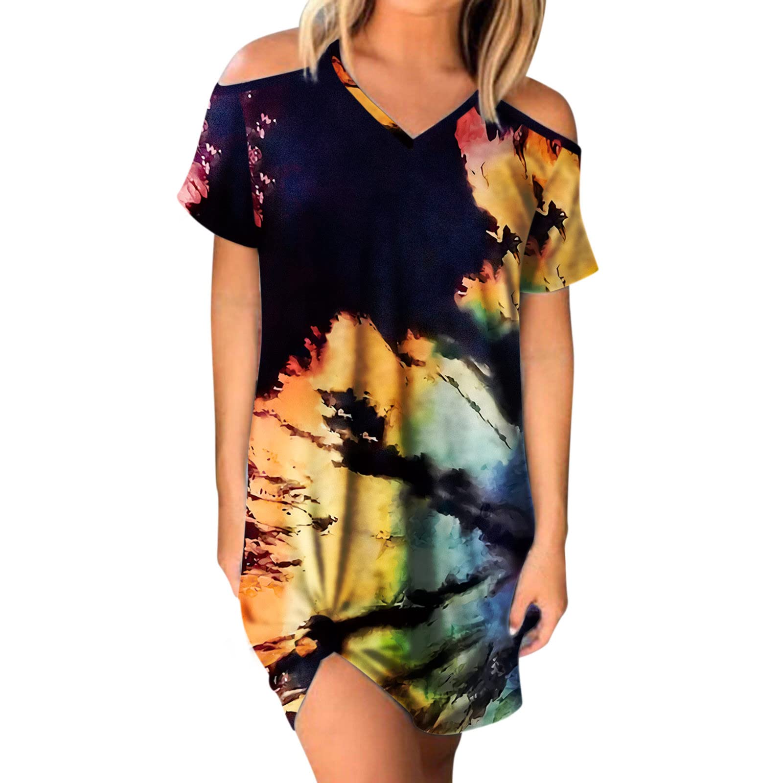 Elegant Women's Lace Patchwork Print Short Sleeve Dress - Sexy Cold Shoulder Loose Fit Summer Dress for Party, Date Night & Special Occasions