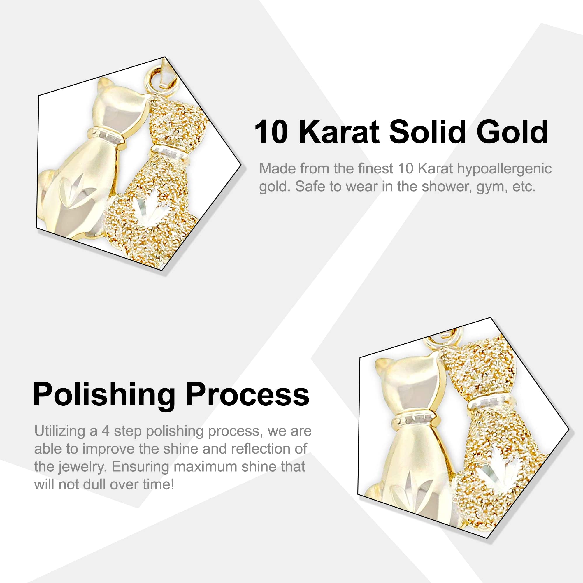 10K Solid Gold Sitting Cats Charm Pendant - Elegant Cat Jewelry for Necklace, Bracelet & Gift Giving