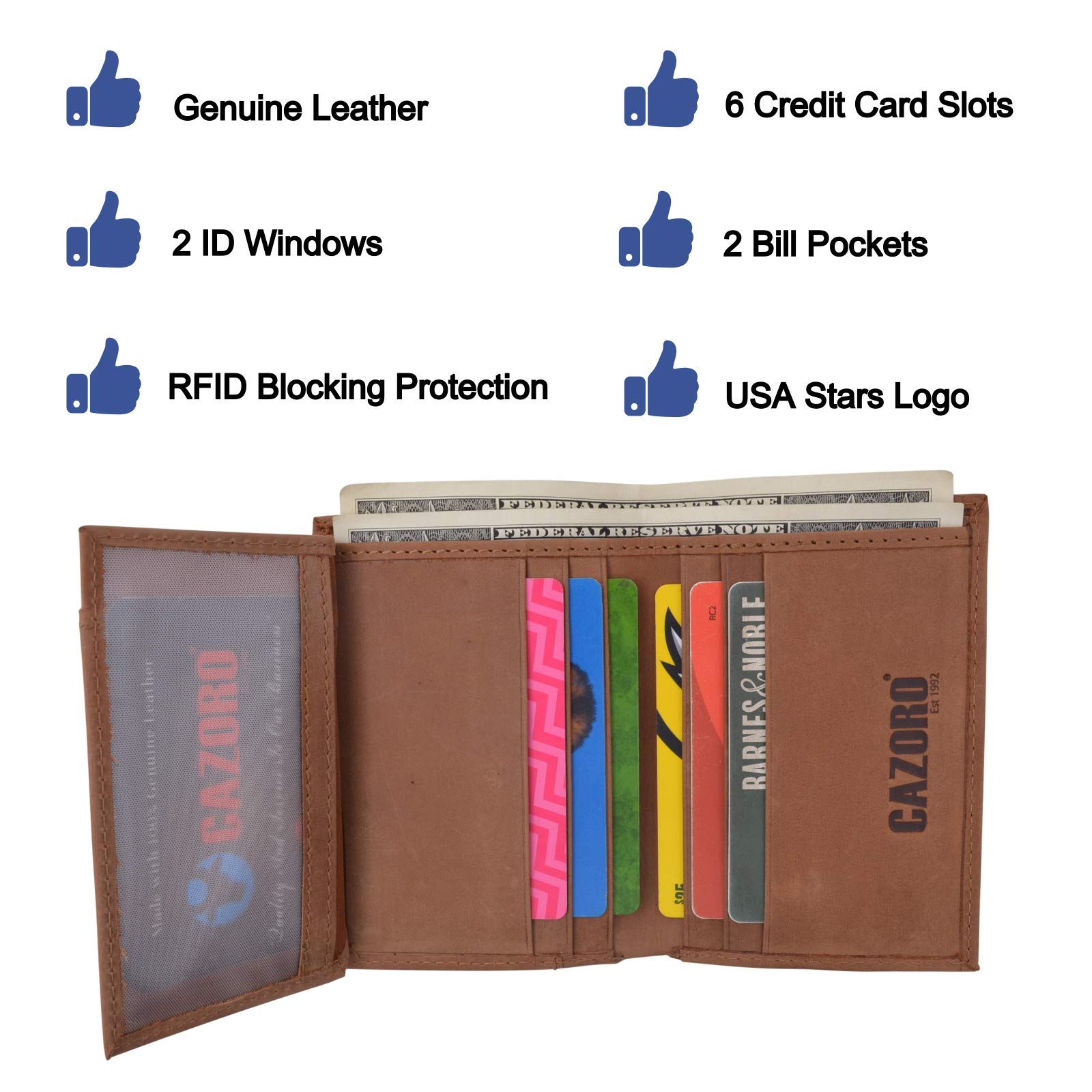 USA Stars & Stripes RFID Protected Mens Leather Bifold Wallet with 2 ID Windows & Divided Bill Compartment - Perfect for Everyday Use & Travel (Brown)