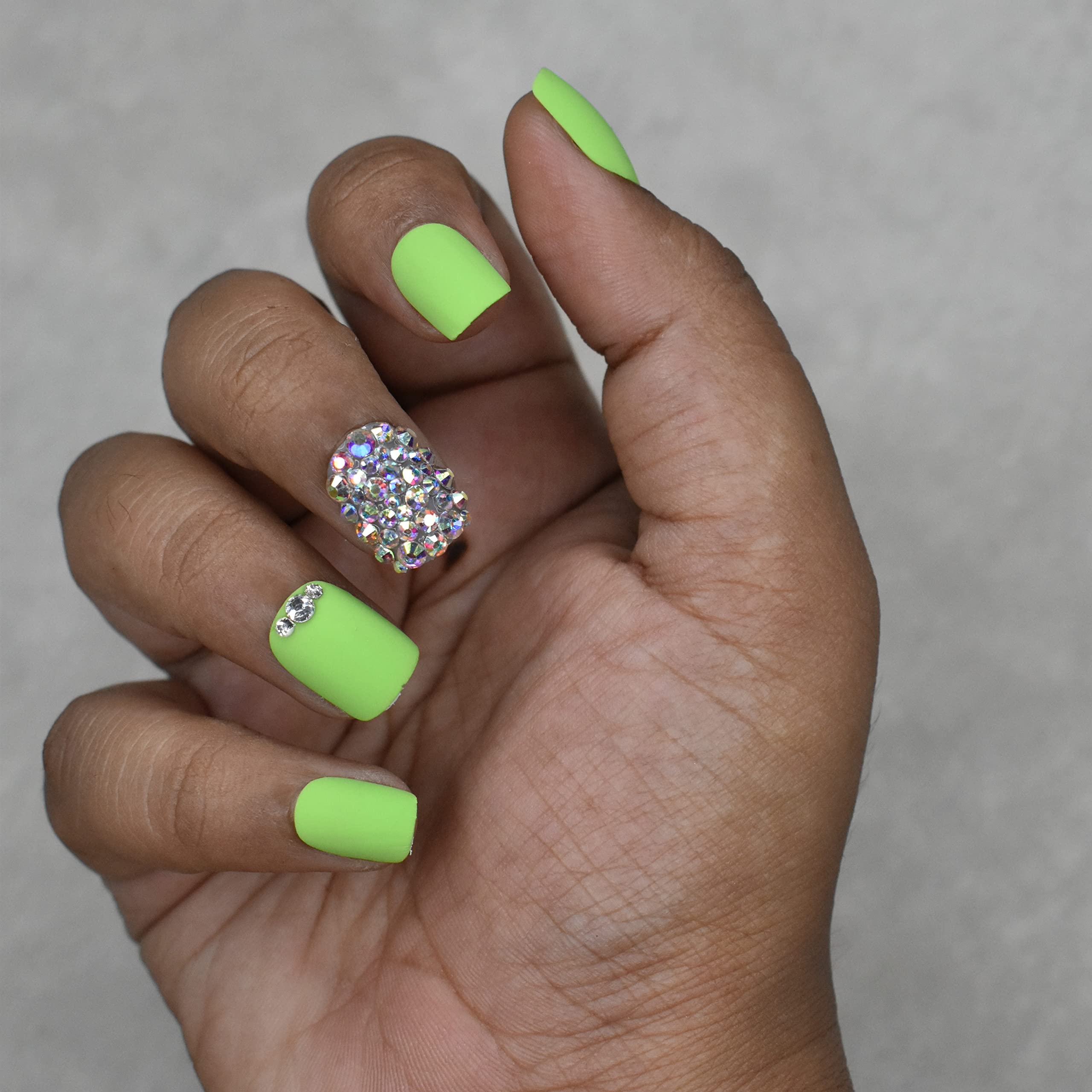 Matte Pastel Green Rhinestone Studded Press On Fake Nails - Square Artificial Nails with Complete Application Kit (20 Nails) | Perfect for Parties, Weddings & Special Occasions