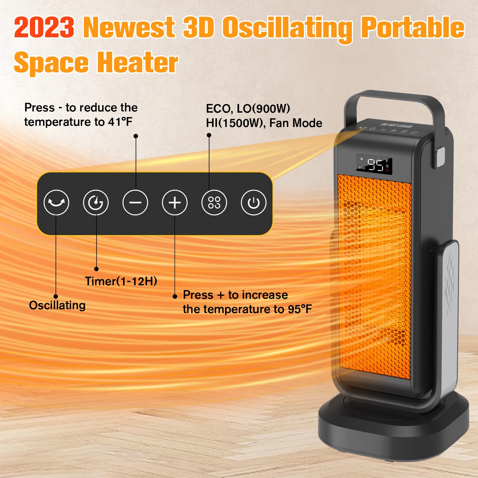 2023 Upgraded PTC Space Heater with 3D Oscillation - Fast Heating in 2 Seconds, 4 Modes & Thermostat for Large Rooms - Perfect for Office, Bedroom, Garage & Indoor Use - Portable Electric Heater for Winter Warmth