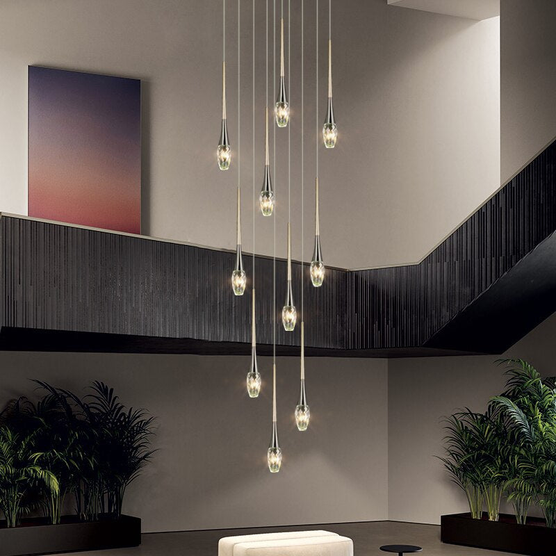 Elegant Crystal Drops Staircase Chandelier - Modern Home Lighting Fixture for Stairwell, Foyer & Luxury Interior Decor