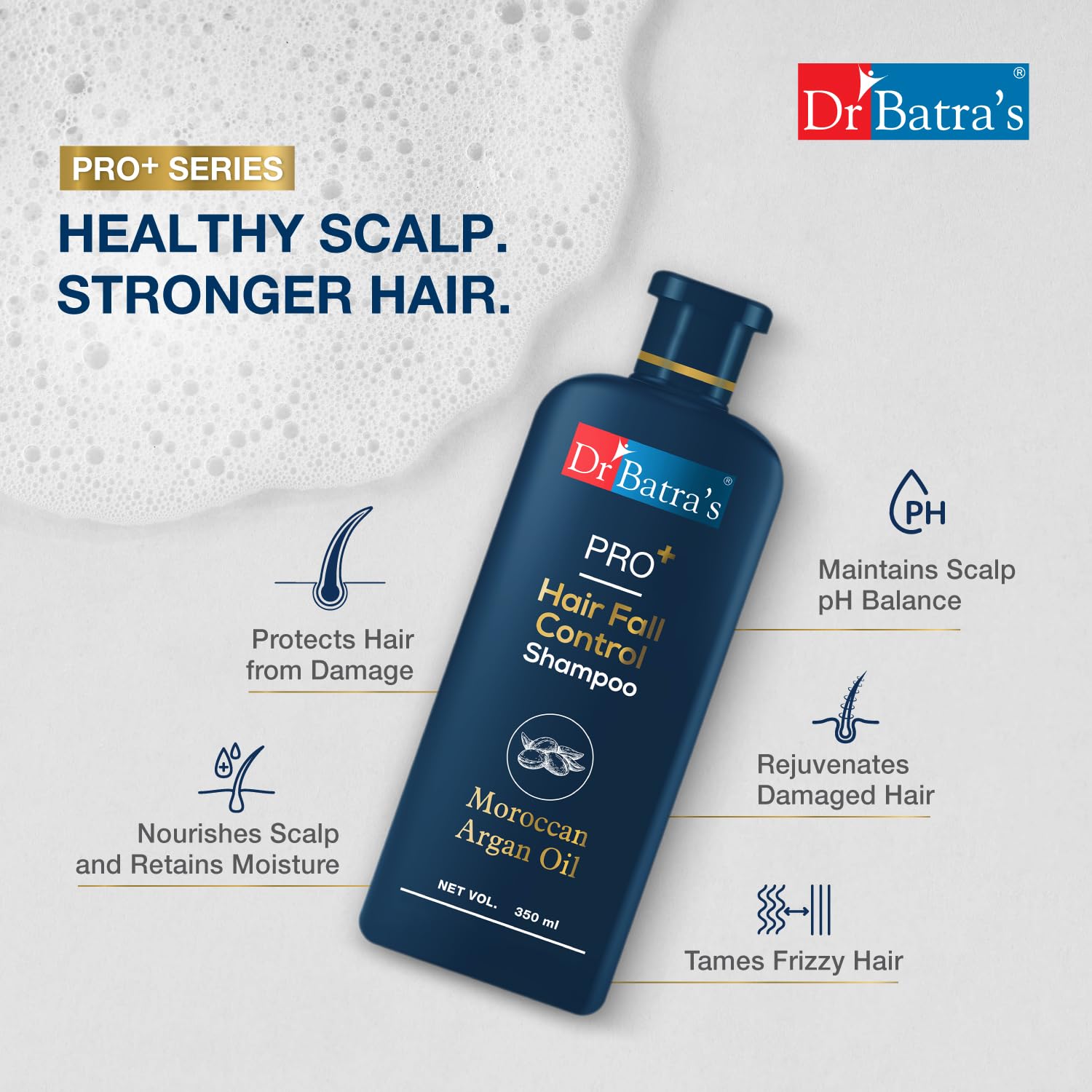 Dr Batra's PRO+ Hair Fall Control Shampoo - Sulfate Free with Moroccan Argan Oil for Men & Women | Strengthens Hair & Reduces Breakage | Perfect for Daily Use & Damaged Hair Care (1 Pack)