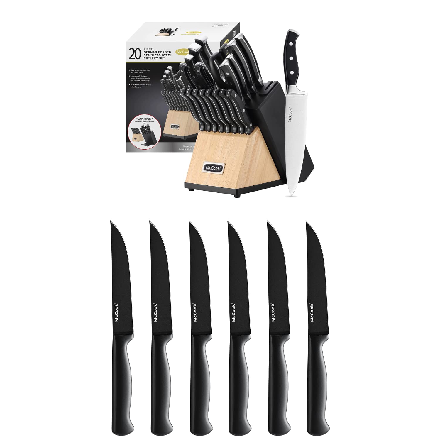 Premium German Stainless Steel Knife Block Set with Built-in Sharpener & 6-Piece Steak Knives - Professional Kitchen Cutlery Set for Cooking, Slicing, Dicing - Perfect for Home Chefs & Restaurants