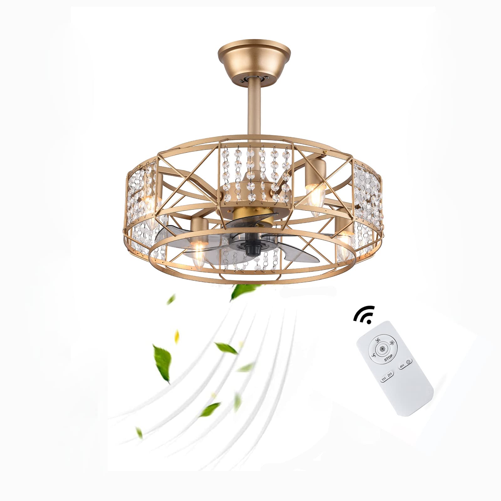 20 Inch Gold Caged Ceiling Fan with Light & Remote Control - 3 Speed Flush Mount Fan for Bedroom, Living Room & Office (4 E27 Bulbs Required, Not Included) | Modern Farmhouse Style Cooling & Lighting Solution