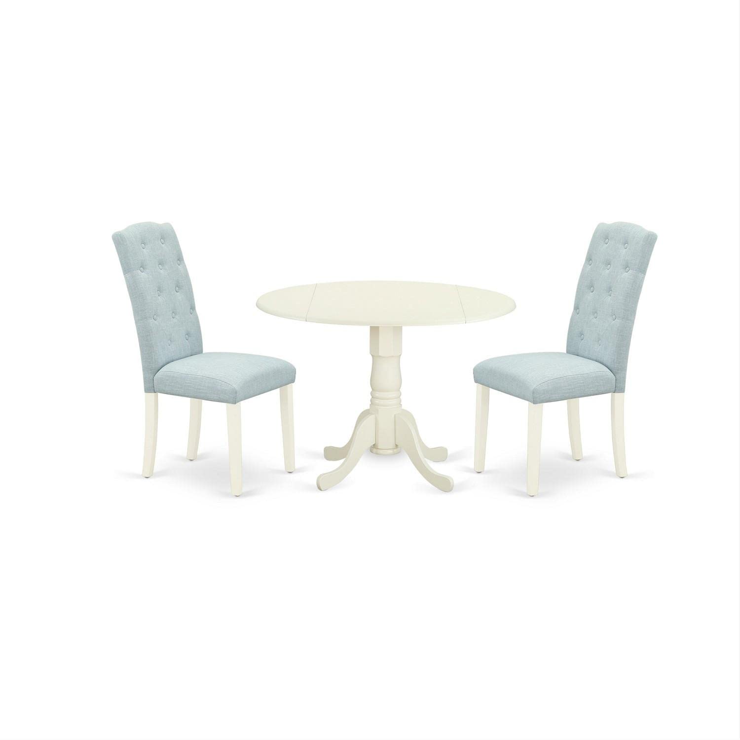 East West Furniture DLCE3-WHI-15 3-Piece Round Dining Table Set with Drop Leaf & 2 Baby Blue Upholstered Chairs, 42x42 Inch, Linen White - Perfect for Small Spaces, Breakfast Nooks & Cozy Apartment Dining