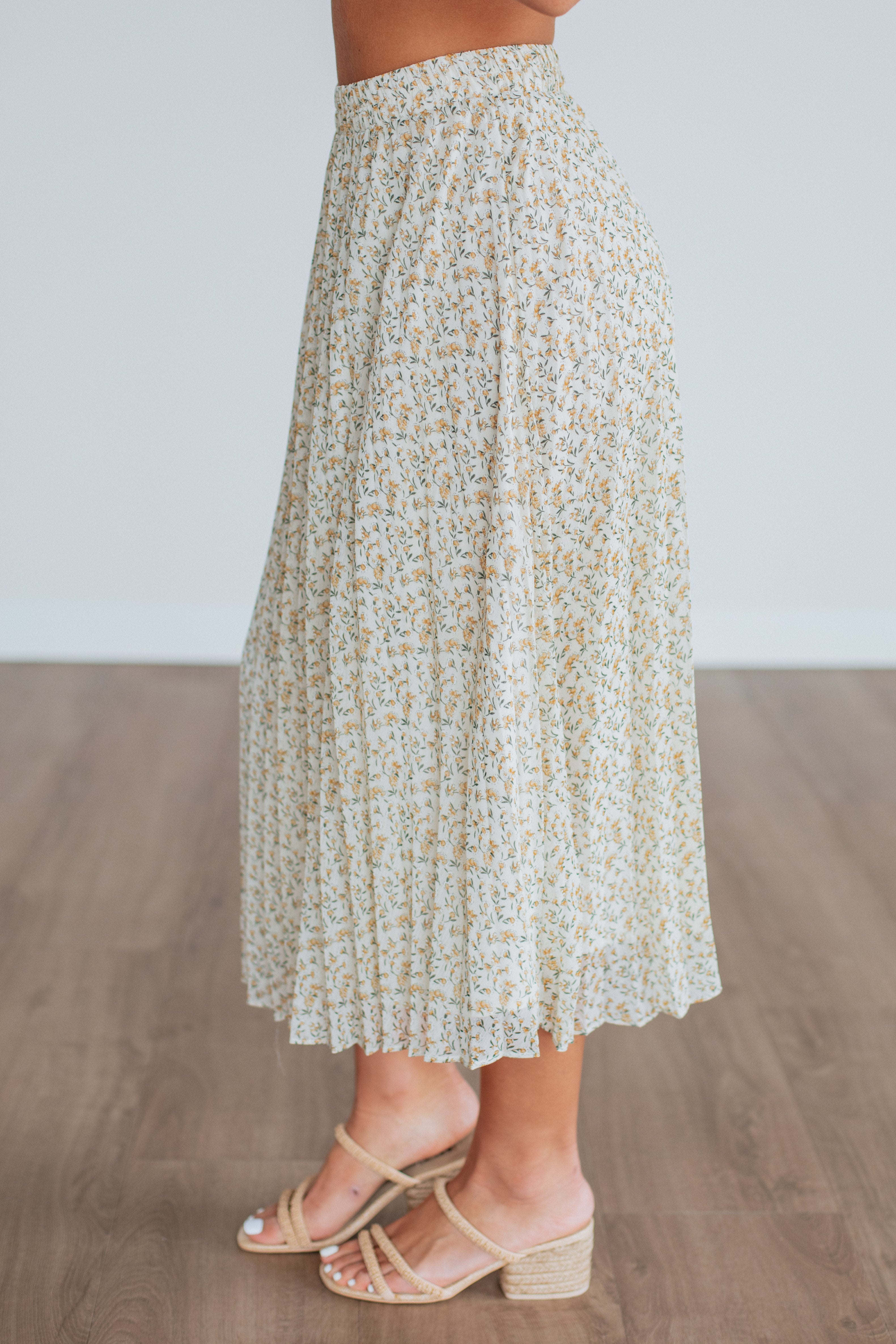 Ashie Pleated Floral Skirt for Women - Cream Mix Flowy Midi Skirt | Summer Casual Dress, Beach Vacation Outfit, Boho Chic Style