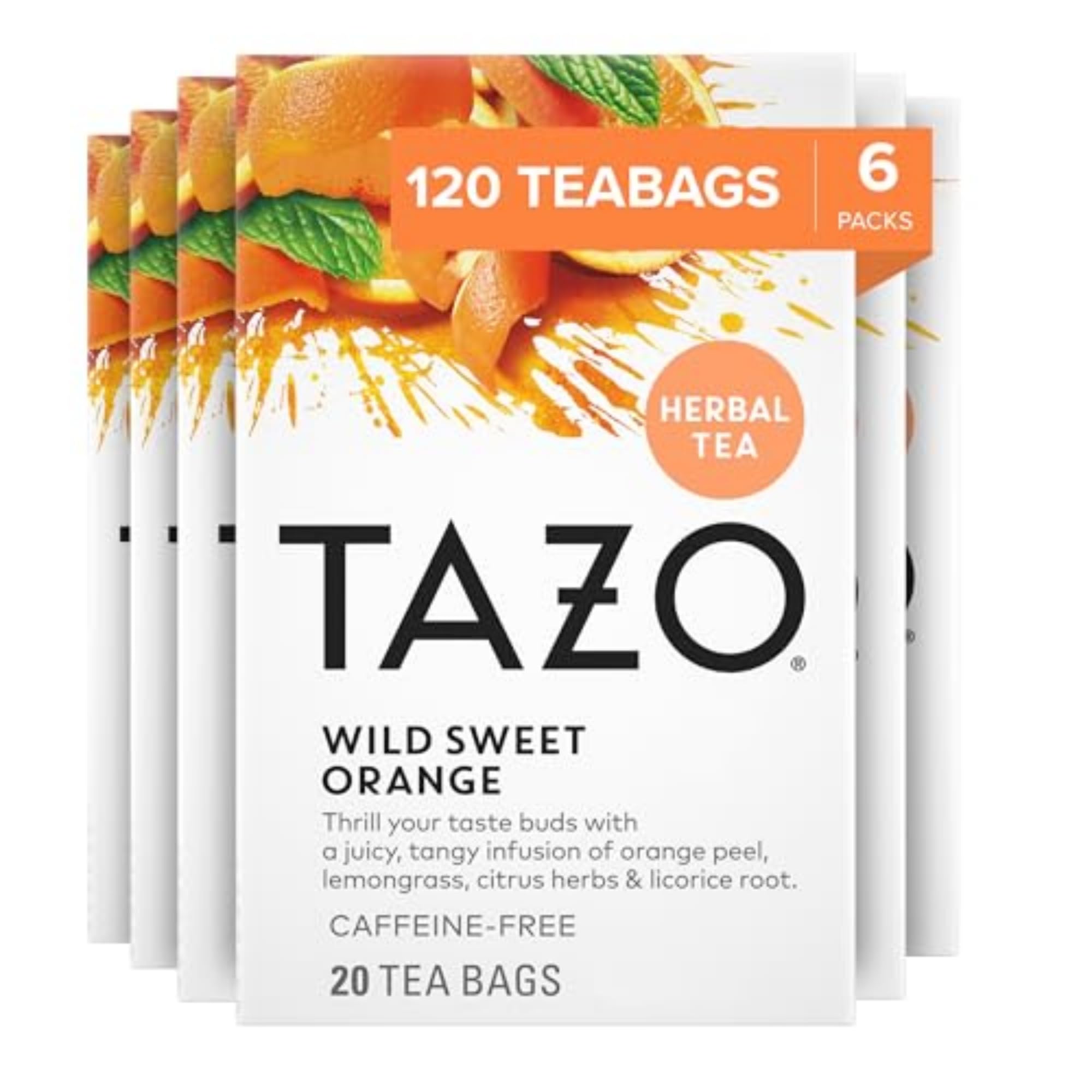 TAZO Wild Sweet Orange Herbal Tea Bags - Caffeine-Free, Unsweetened, 120 Count (20 Tea Bags x 6 Packs) | Refreshing Citrus Flavor for Relaxation, Iced Tea & Wellness Moments