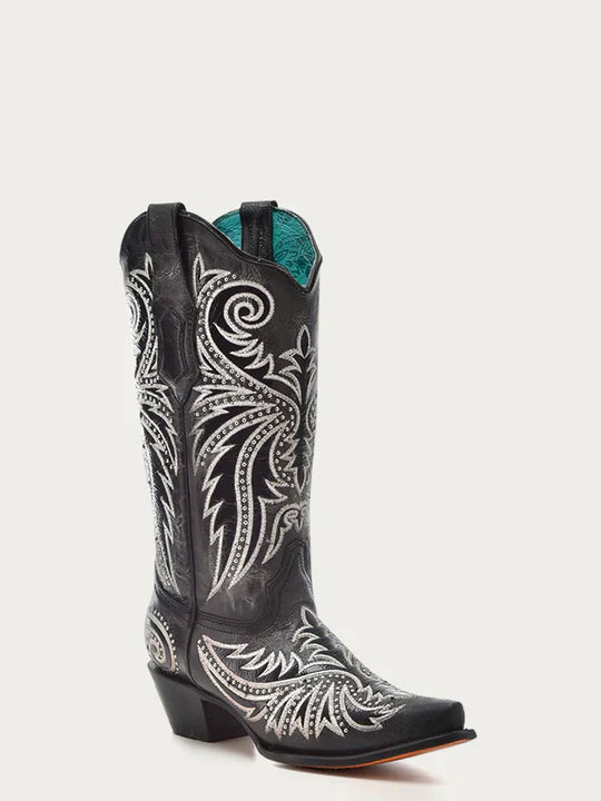 Z5209 Women's White Embroidered Cowboy Boots with Black Overlay & Studs - Stylish Western Boots for Country Dancing, Rodeo & Casual Wear