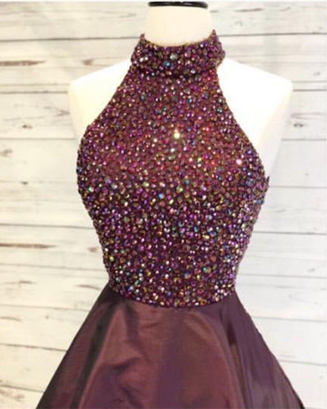 Elegant Crystal Beaded High Neck Open Back Satin Homecoming Dress for Prom, Evening Gala & Special Occasions