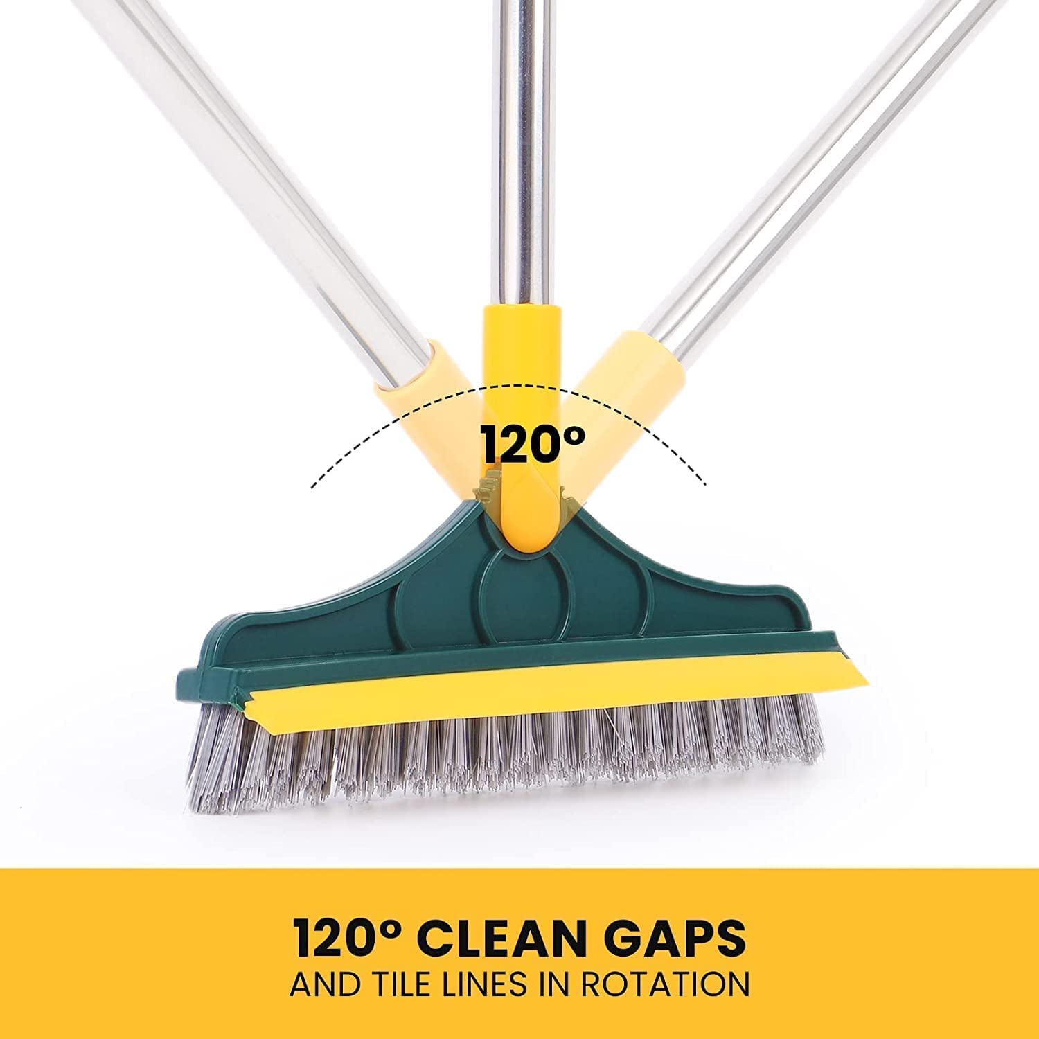 Long Handle Grout Brush with V-Shape Stiff Bristles & Squeegee - 120° Rotating Tile Cleaning Brush for Bathroom, Kitchen & Floor (2-in-1 Scrubber & Wiper) - Perfect for Grout Lines, Tile Floors, Shower Cleaning & Home Maintenance
