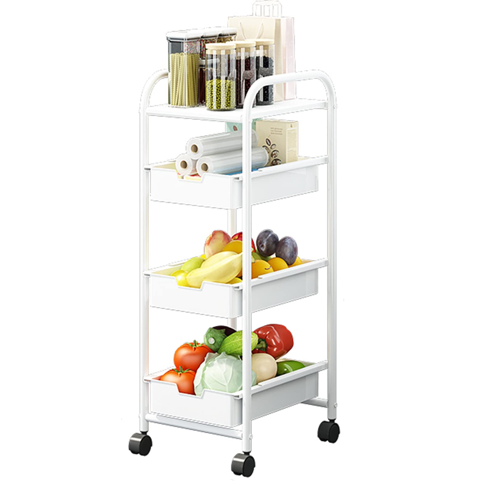 4-Tier Rolling Utility Cart with Wheels - Multifunctional Kitchen Storage Rack, Mobile Shelving Unit with Drawer for Bathroom, Laundry Room & Small Spaces - Perfect for Organizing Kitchen Supplies, Bath Essentials & Cleaning Tools (Black)