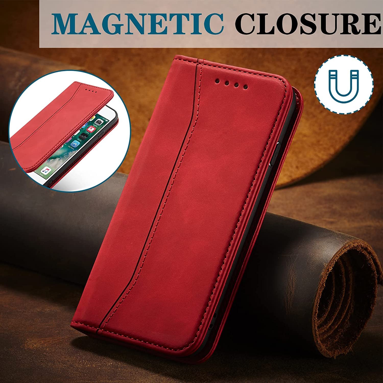 OKZone Magnetic Leather Wallet Case for iPhone 15 - Shockproof Flip Cover with Card Slots & Stand Function (Red) | Perfect for Business Professionals & Daily Commuters