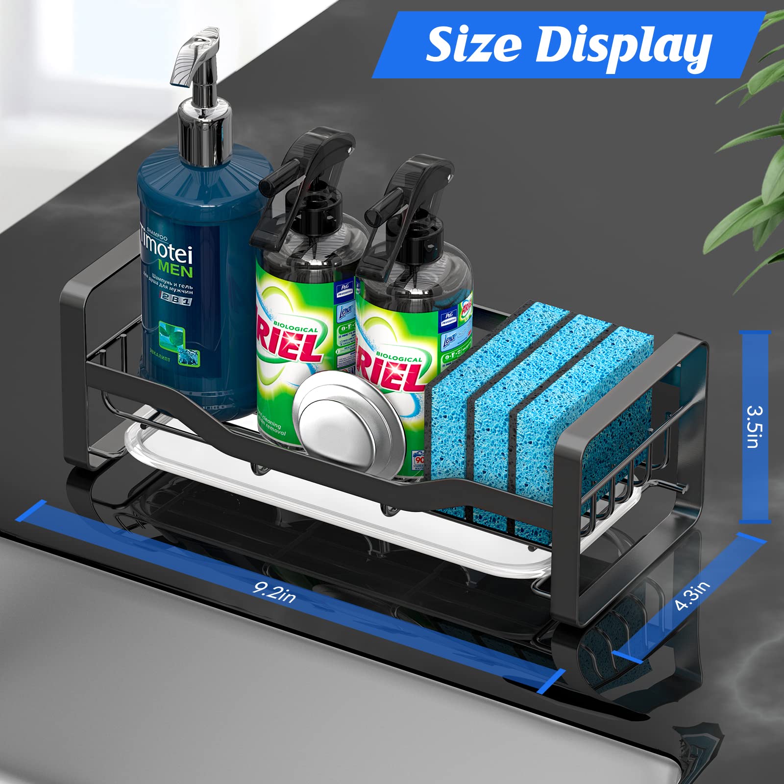 Kitchen Sink Organizer with Sponge Holder, Soap Dispenser & Removable Drain Tray - Countertop Caddy for Efficient Kitchen Cleaning & Storage