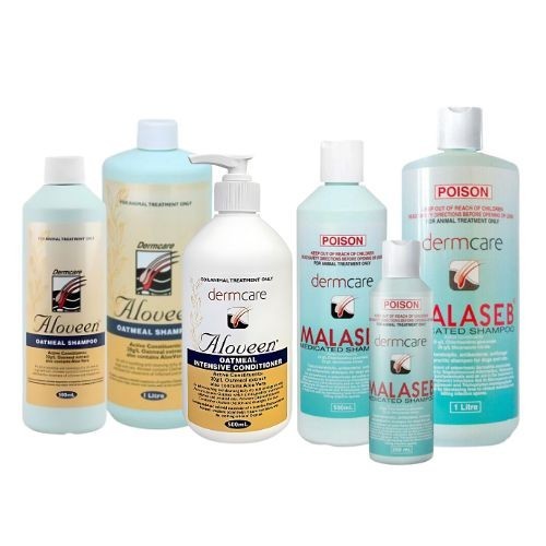 Dermcare Malaseb Medicated Shampoo for Dogs & Cats - 200ml & 1L Sizes | Aloveen Oatmeal Shampoo & Conditioner Set - 500ml & 1L | Vet-Recommended Pet Care Solution for Skin Irritations & Allergies - Perfect for Bathing & Grooming at Home