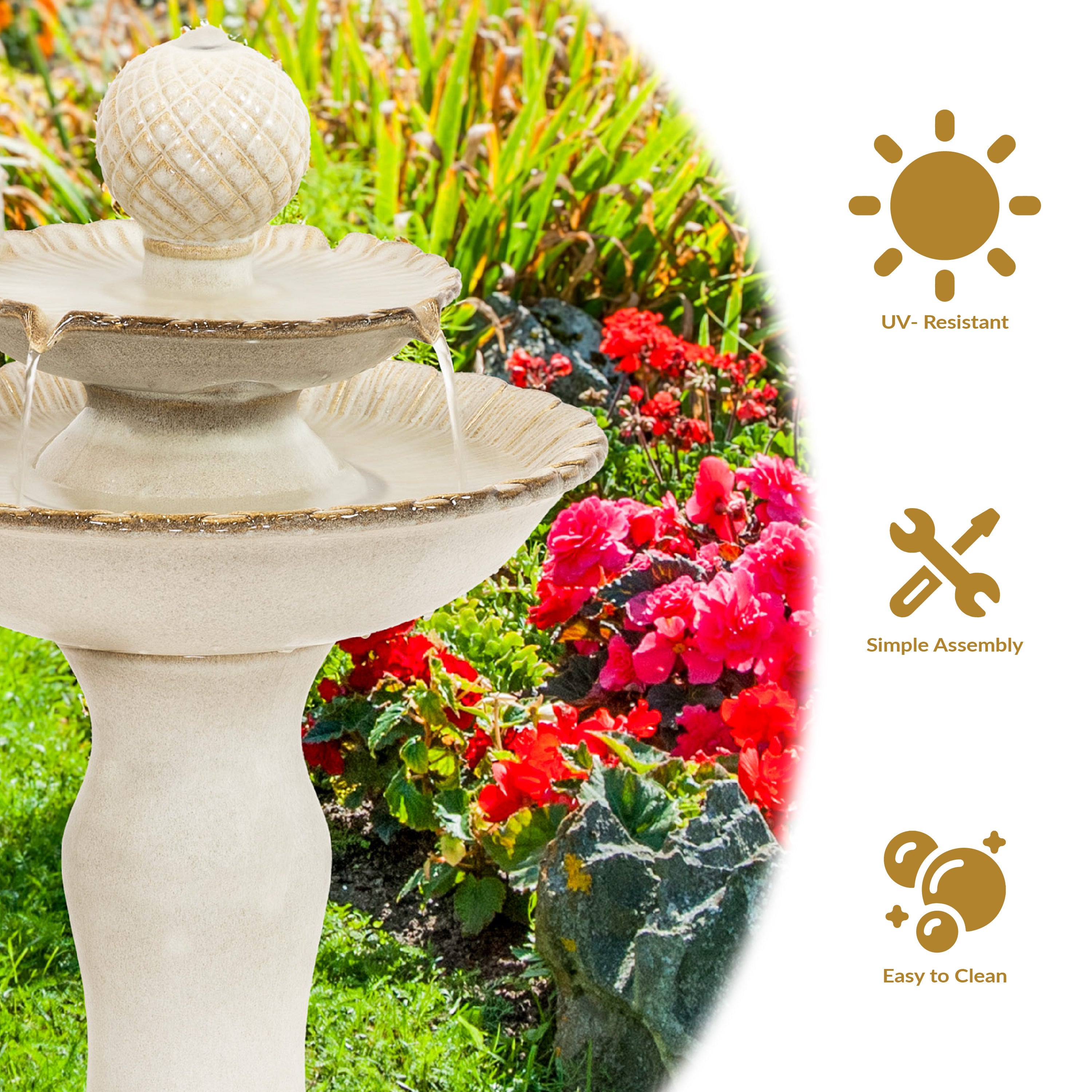 Sunnydaze 2-Tier Ceramic Outdoor Water Fountain with Resting Birds - 27 Inch Garden Decor for Patio, Yard & Backyard - Relaxing Water Feature for Outdoor Spaces