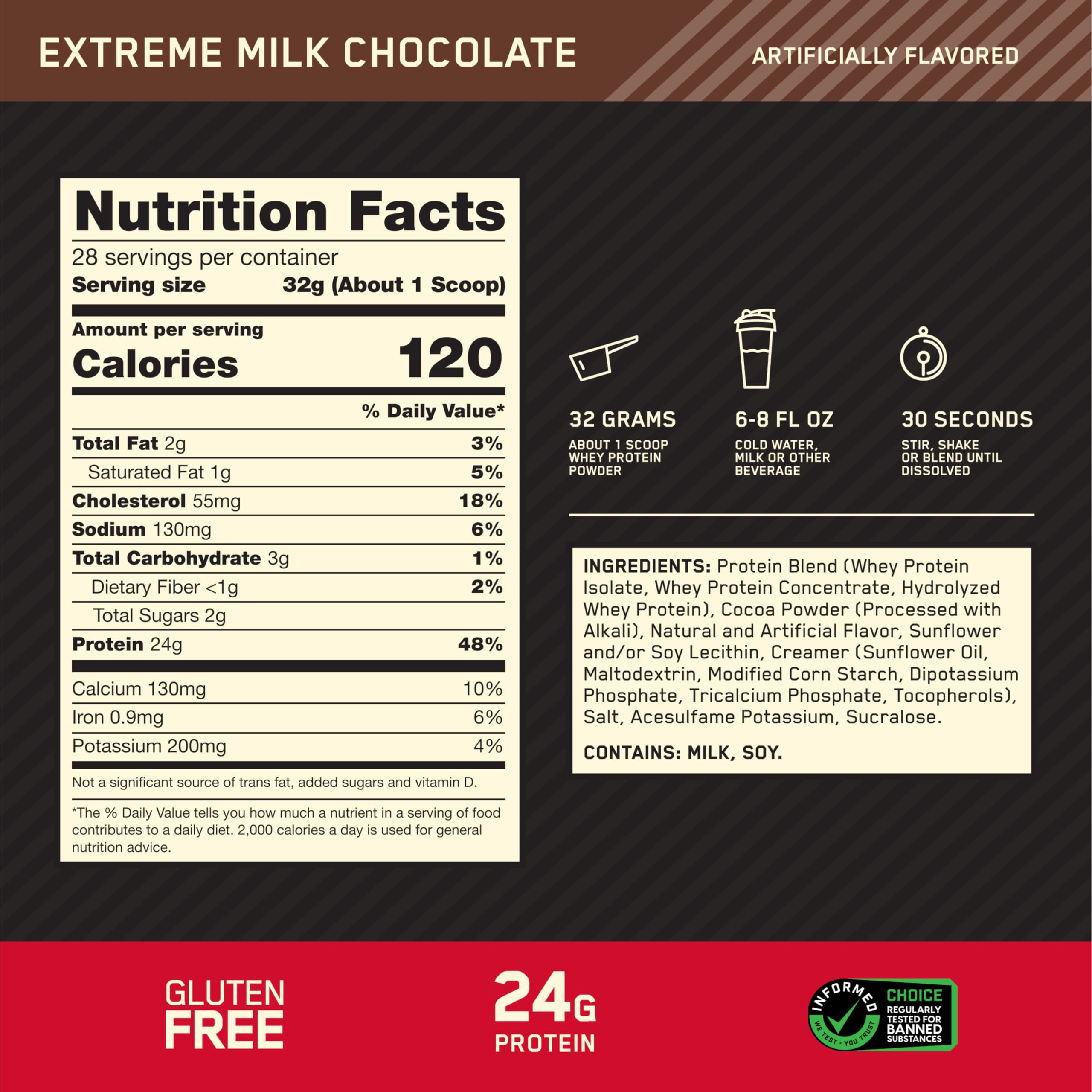 Optimum Nutrition Gold Standard 100% Whey Protein Powder - Extreme Milk Chocolate Flavor, 2lb Muscle Building & Recovery Supplement for Athletes & Fitness Enthusiasts | Post-Workout, Breakfast Smoothies & Healthy Snacks