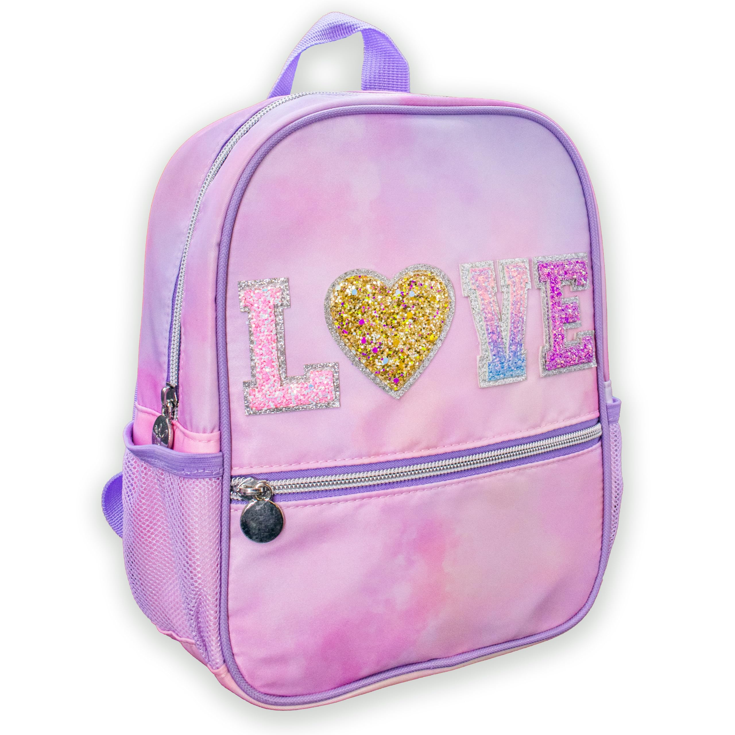 FROG SAC Mini Toddler Backpack for Girls - Pink Tie Dye Glitter Preschool Backpack, Small Daycare Bookbag for Little Girls - Perfect for School, Travel & Daily Use (LOVE - Tie Dye)