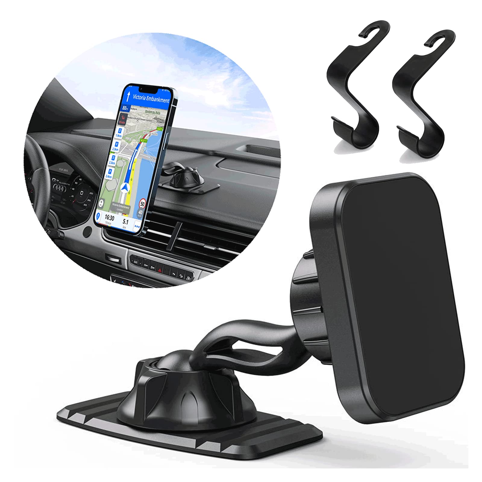 Koela Magnetic Phone Holder for Car - Universal Magsafe Phone Mount Compatible with iPhone & Android - Strong Car Accessories for Safe Driving - Perfect for Commuting, Road Trips & GPS Navigation, Black