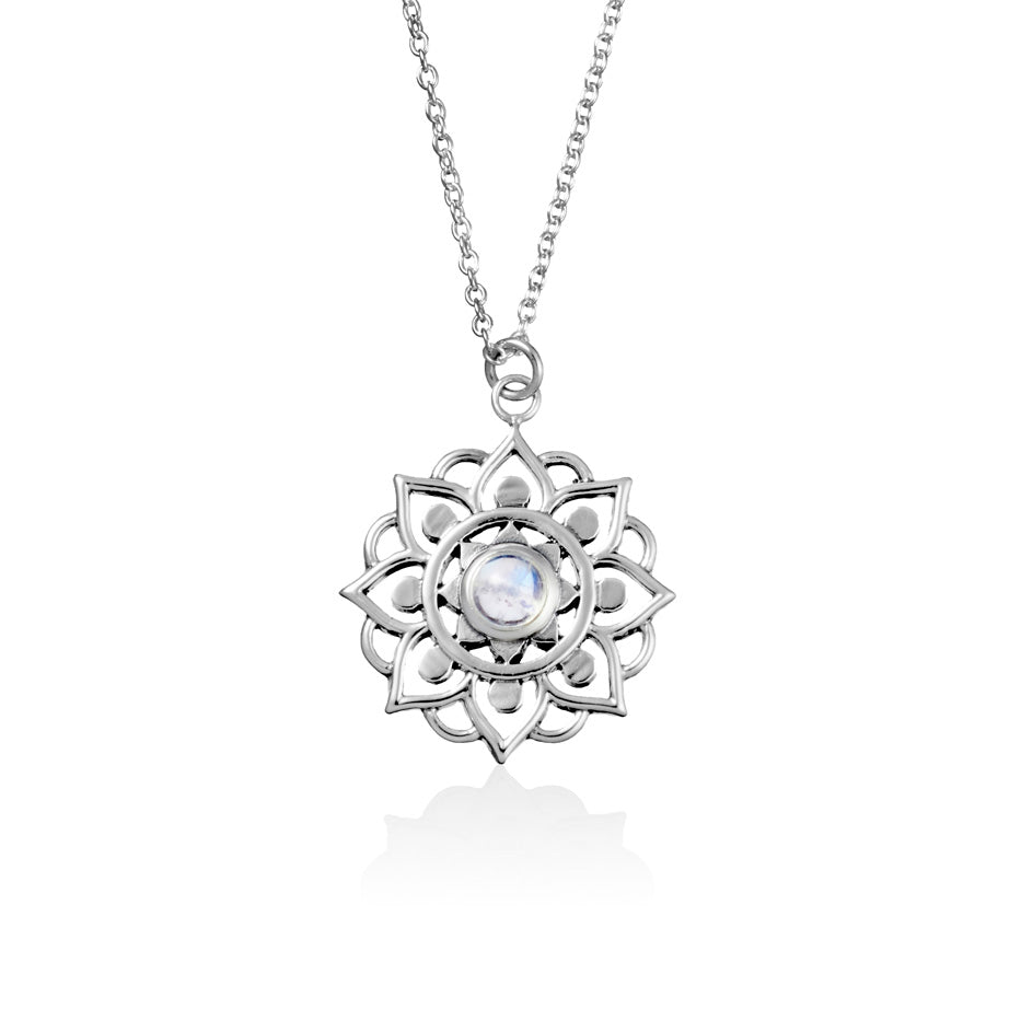 Snowflake Mandala Moonstone Necklace - Handmade Sterling Silver Pendant with Healing Crystal for Women - Perfect for Yoga, Meditation & Boho Fashion