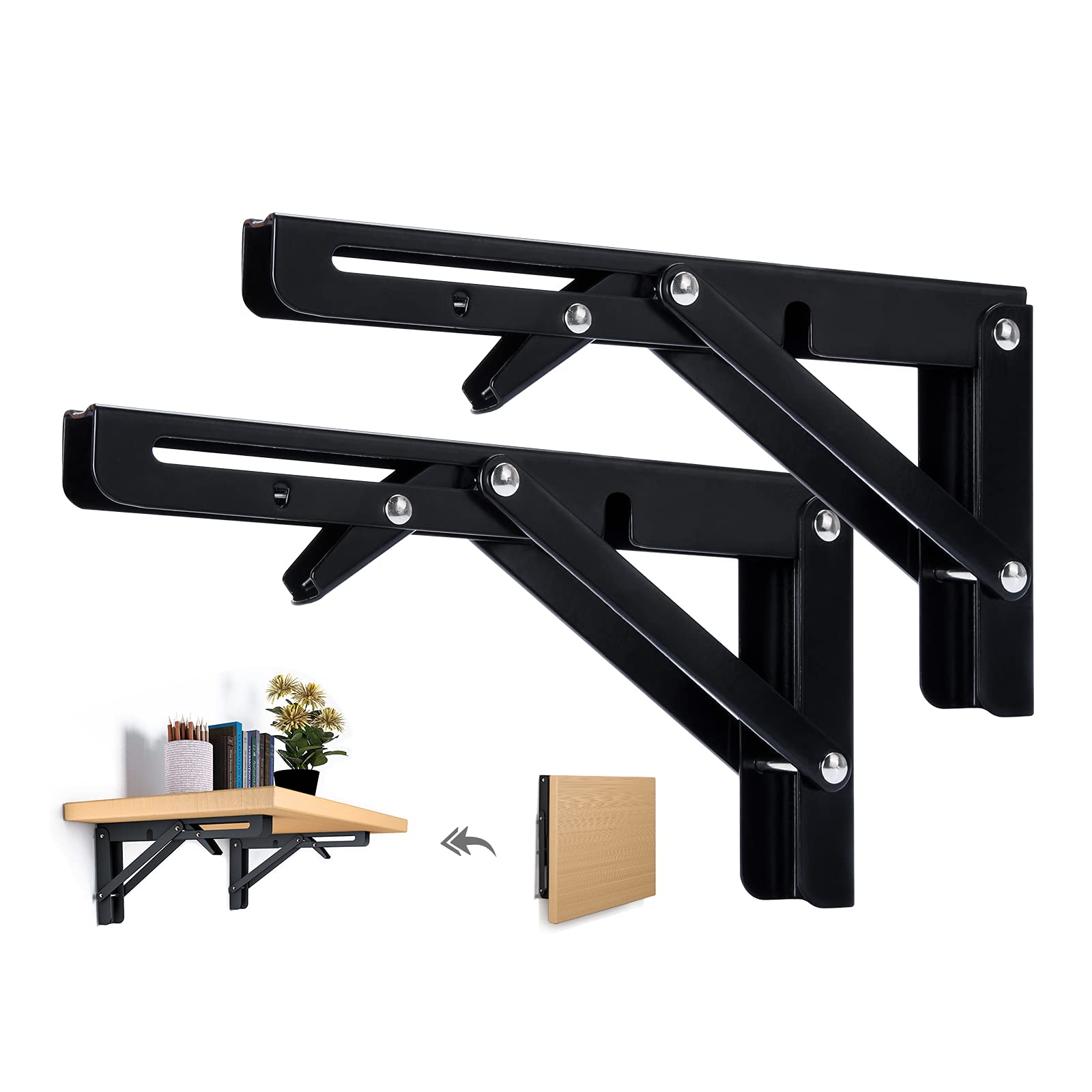 Heavy Duty 11.81 Inch Stainless Steel Floating Shelf Brackets (2 Pack) - Wall Mounted Space Saving Folding Shelves for Small Spaces - Perfect for DIY Home Office, Kitchen, Bathroom & Workspace Organization