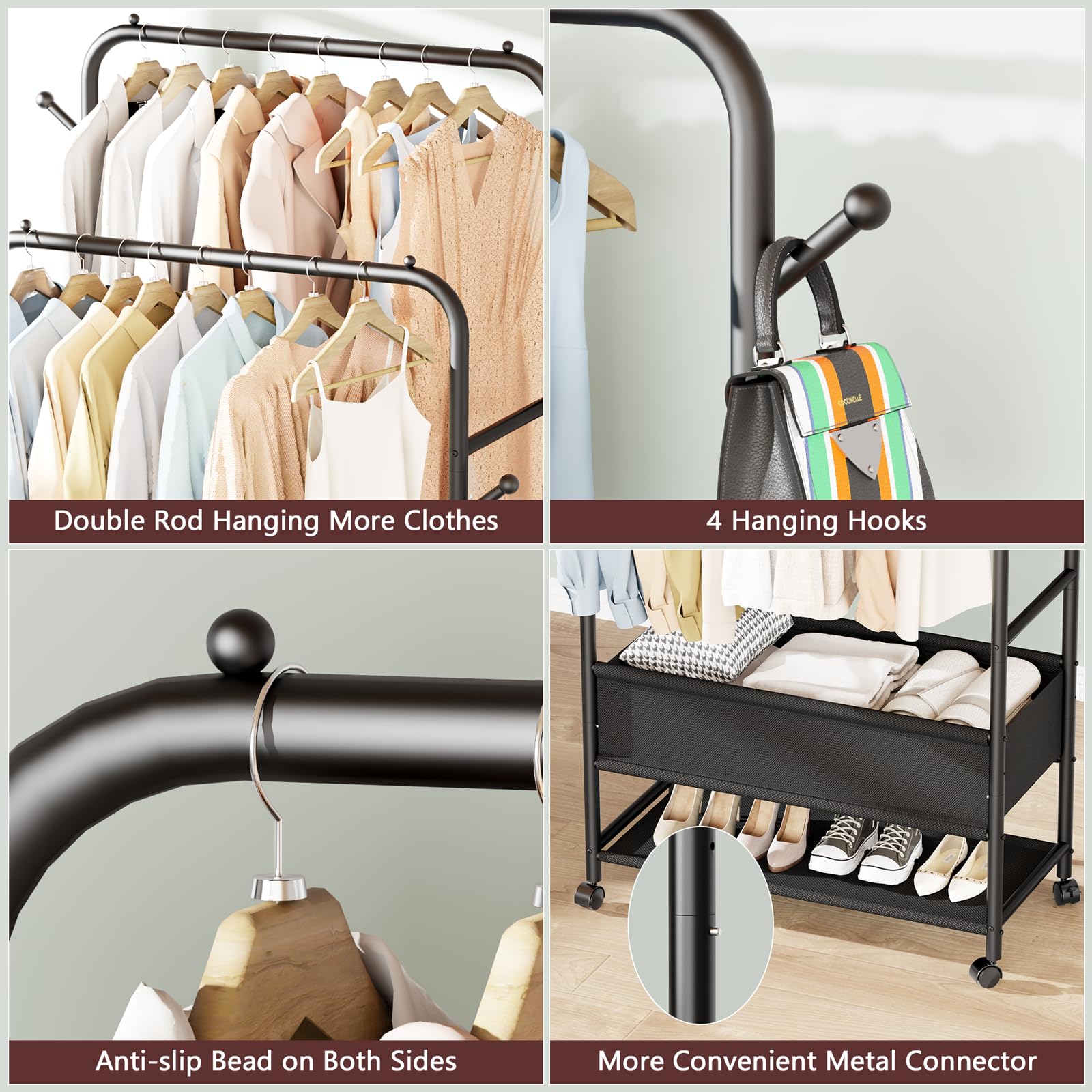 Furologee Double Rod Rolling Garment Rack with Wheels & Storage Box - Heavy Duty Clothes Hanging Organizer with 4 Hooks - Portable Wardrobe for Bedroom, Living Room, Closet (Black) | Perfect for Small Spaces, Dorm Rooms & Apartment Organization