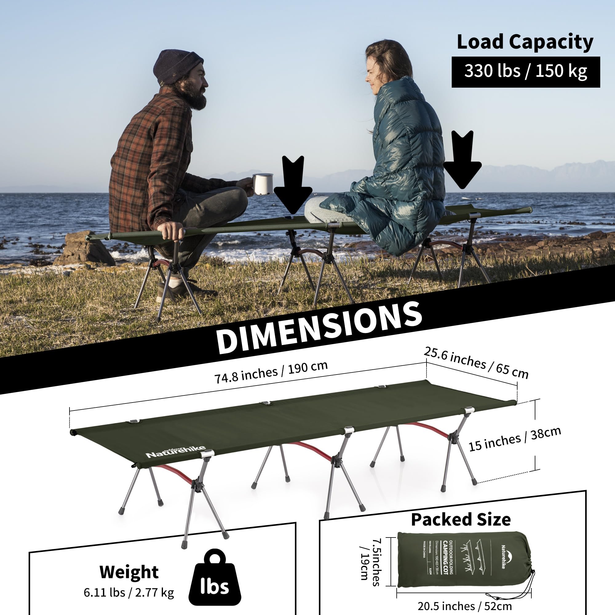Naturehike ArmyWild Ultralight Folding Camping Cot with Leg Extenders - 330lbs Capacity Portable Backpacking Bed for Outdoor Camping, Hiking, Travel & Home Use - Perfect for Backpackers, Campers & Emergency Preparedness