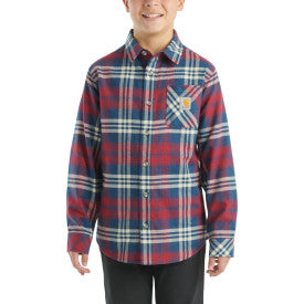Youth Boys Long Sleeve Flannel Button Down Shirt - Dark Denim Blue - Casual School & Outdoor Wear for Teens