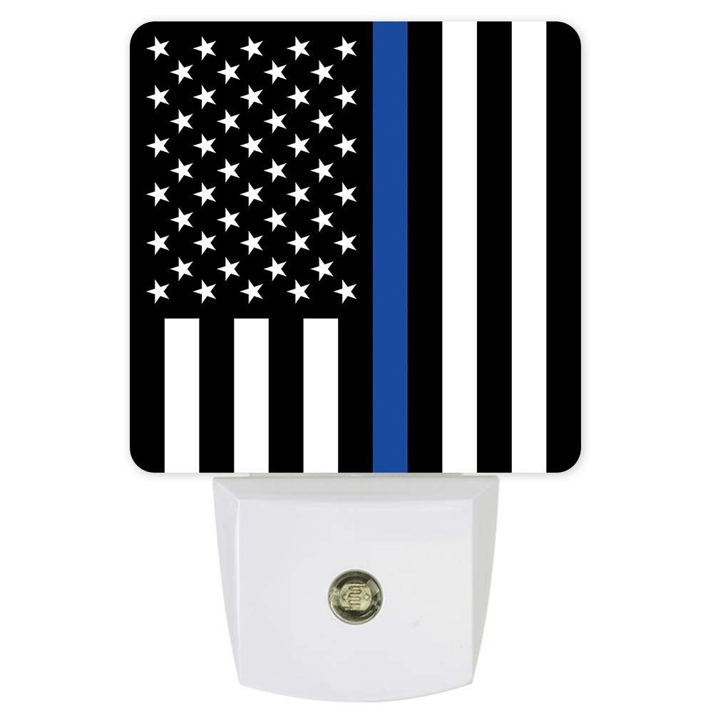 USA Flag LED Night Light Plug - Blue Line Stripe Wall Light with Sensor for Bedroom, Nursery & Kids Room | Patriotic Police Support Decor for Boys & Girls