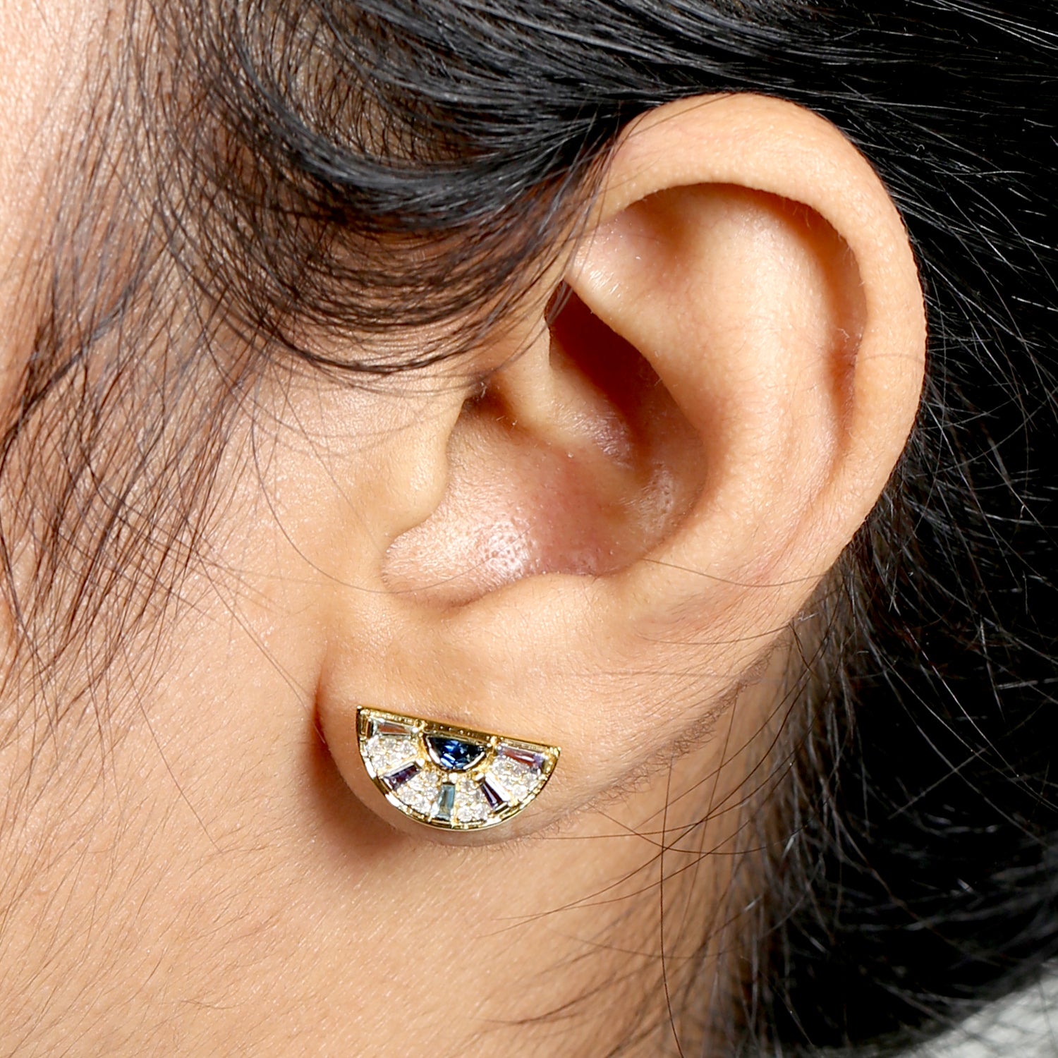 Blue Sapphire & Tanzanite Baguette Topaz Pave Diamond Stud Earrings in Gold – Perfect for Weddings, Parties & Special Occasions