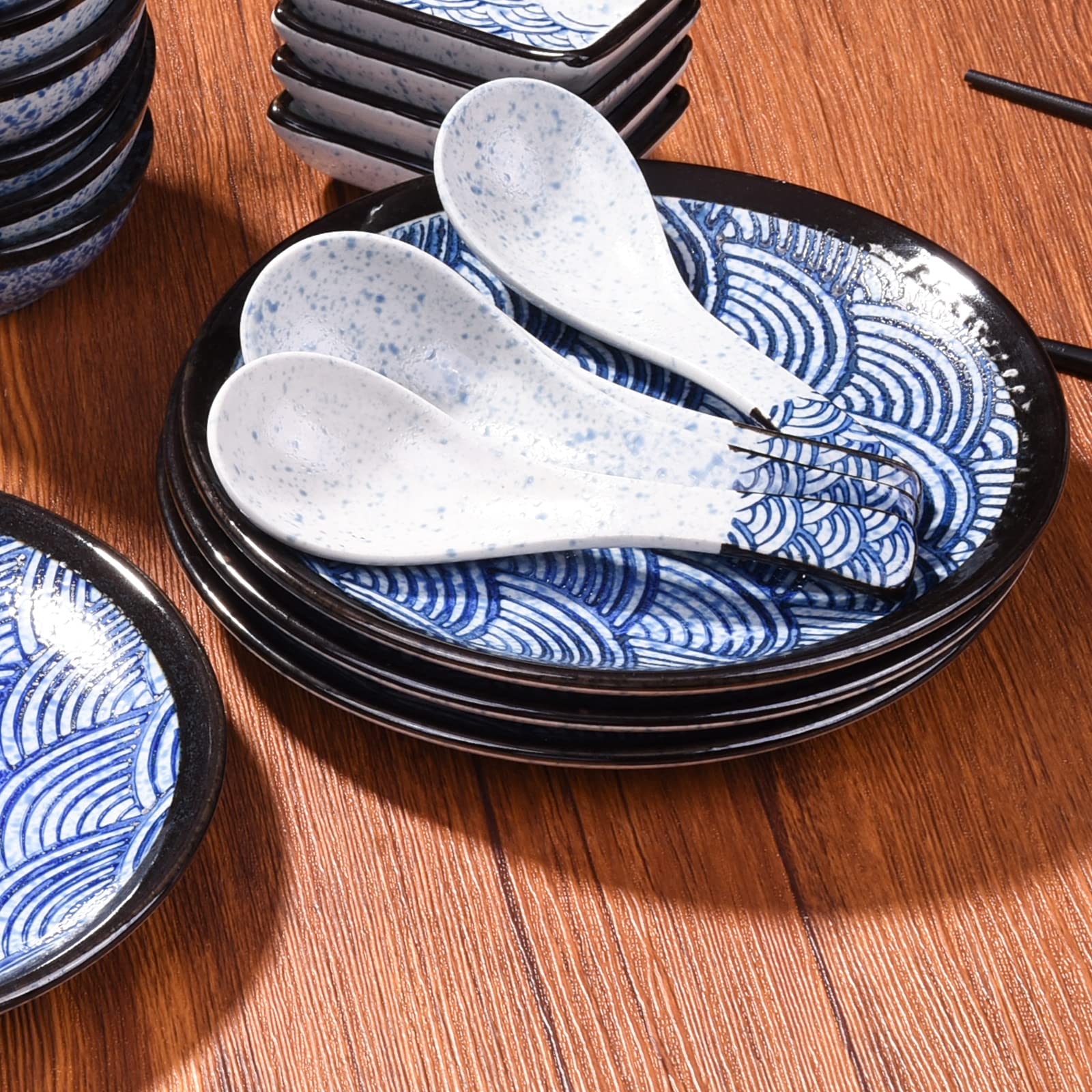 7 Inch Microwave & Dishwasher Safe Japanese Ceramic Plates - Set of 4 Blue Wave Pattern Dinner Plates for Salads, Pasta, Cheese, Ham & Antipasti | Perfect for Home Dining, Parties & Restaurant Use