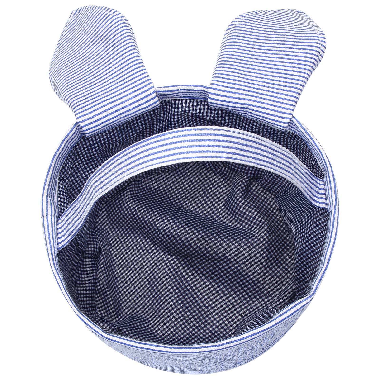 Personalized Easter Bunny Basket - Seersucker Blue Egg Candy Bag with Fluffy Tail for Kids | Cute Rabbit Print Gift Bucket for Easter Egg Hunt, Party Favors & Spring Celebrations