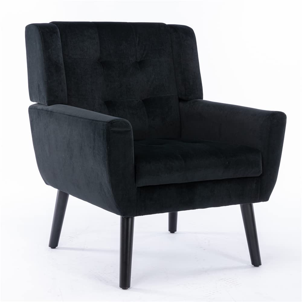 Luxury Velvet Accent Chair - Modern Tufted Wingback Armchair with Solid Wood Legs & Plush Cushion | Comfortable Upholstered Lounge Chair for Living Room, Bedroom or Office | Elegant Black Club Chair for Relaxing & Reading