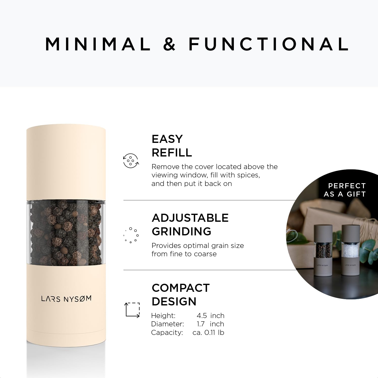 Premium Adjustable Ceramic Salt and Pepper Grinder Set - 2 Piece Manual Spice Mill with Coarse to Fine Grind - Almond Beige - Perfect for Kitchen, Dining Table & Gourmet Cooking