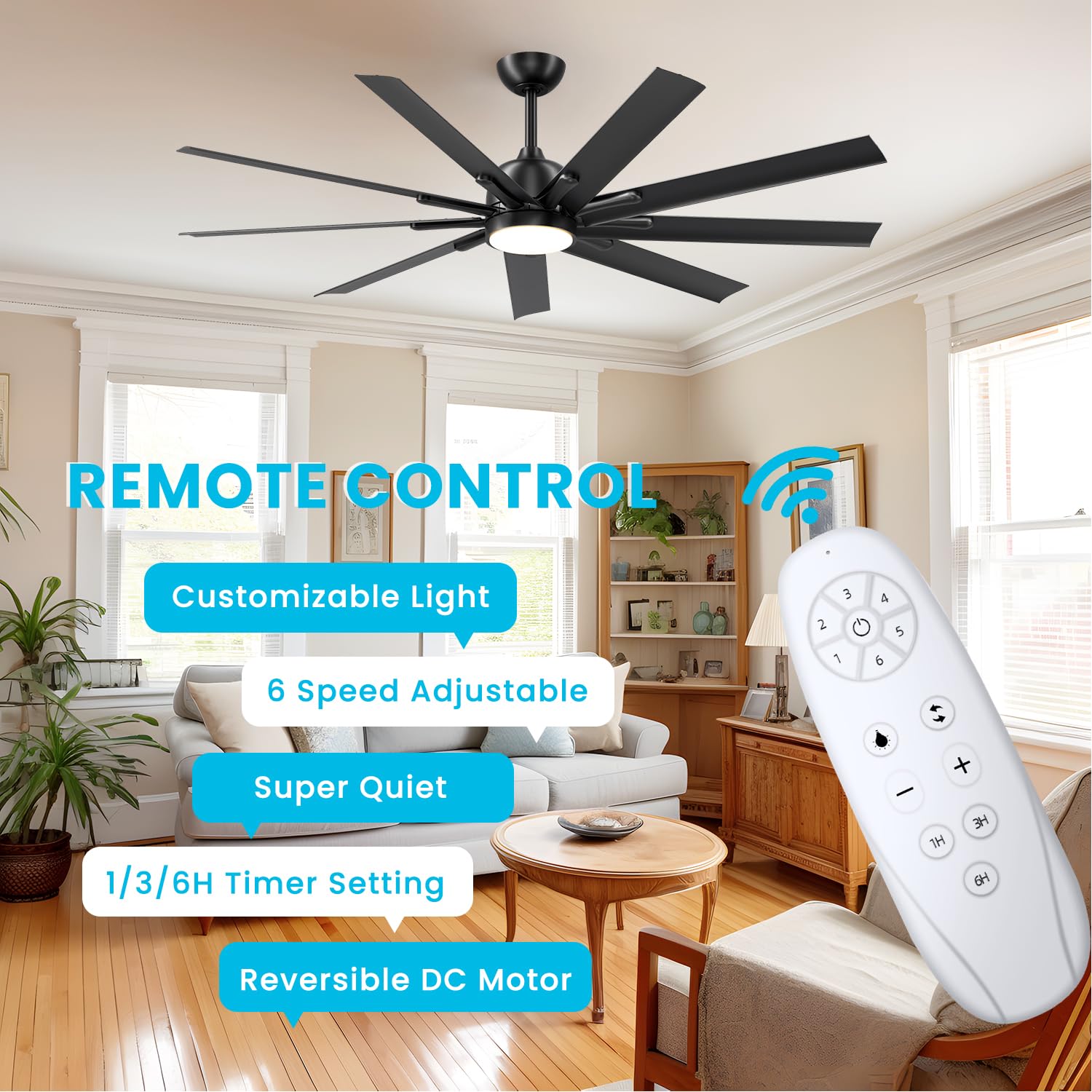 62 Inch Black Outdoor Ceiling Fan with Lights & Remote Control - 9 Blade Reversible DC Motor, Dimmable LED Light - Perfect for Bedrooms, Patios & Covered Porches