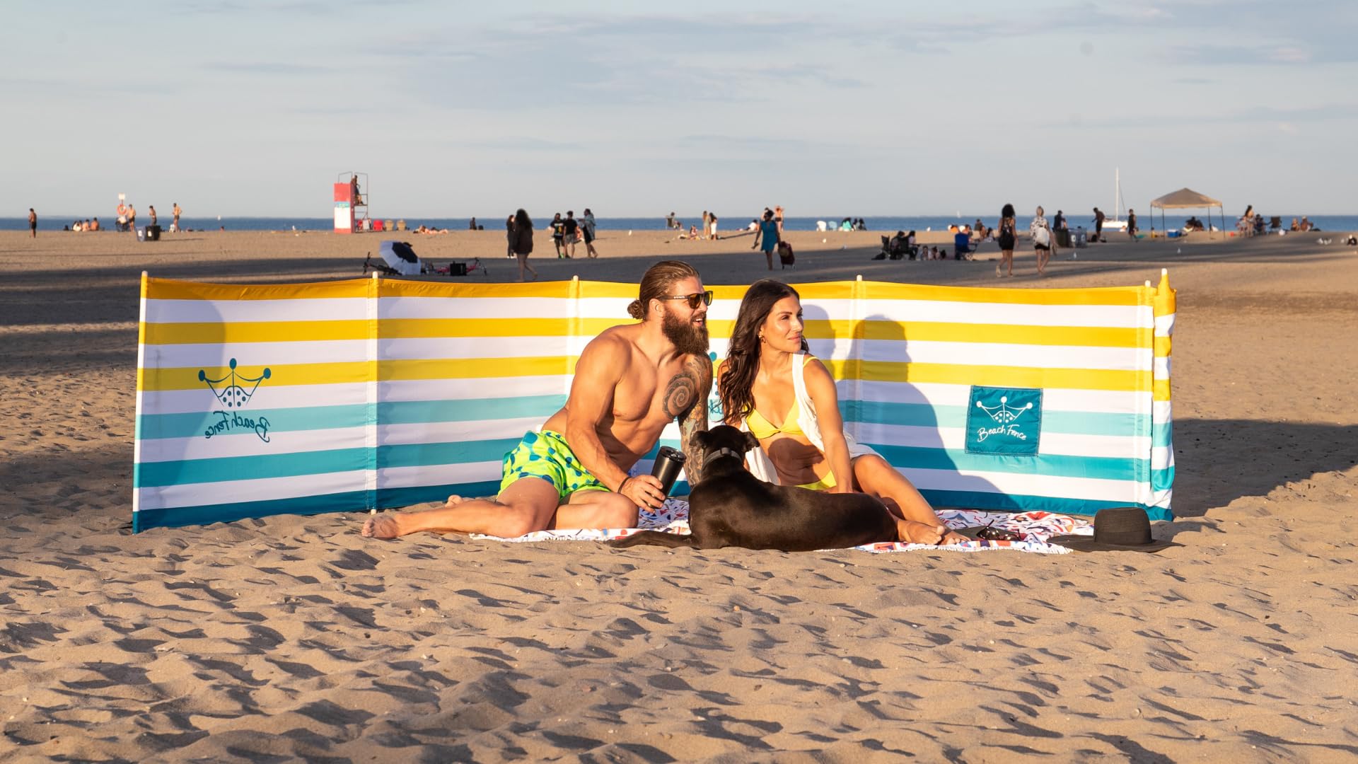 Premium 20ft Beach Windscreen Privacy Fence - Windproof Sand Barrier with Carry Bag & Rubber Mallet | Sunset Design for Oceanfront Protection, Backyard Parties & Camping Privacy