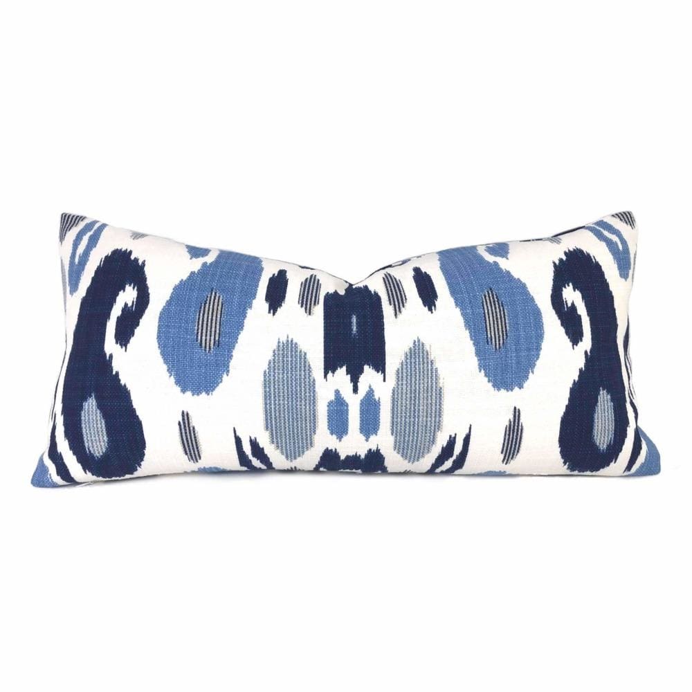 Fazil Ikat Blue White Cotton Linen Print Pillow Cover - John Robshaw Designer Fabric - Bohemian Home Decor for Living Room, Bedroom & Sofa